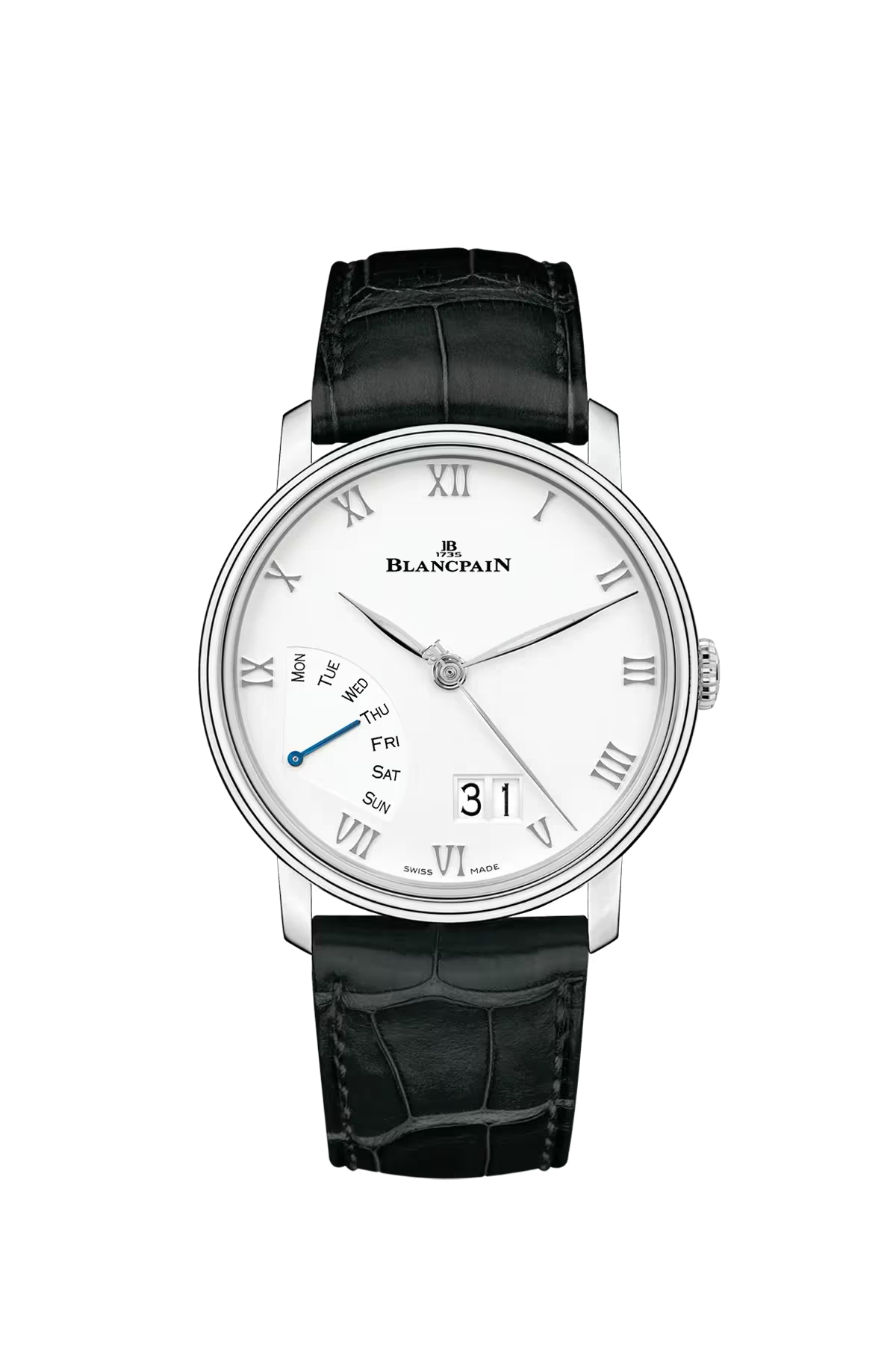 Часы Blancpain Villeret Large Date Retrograde Day 40,5 мм: стальной корпус и белый циферблат. Референс 6668-1127-55B.