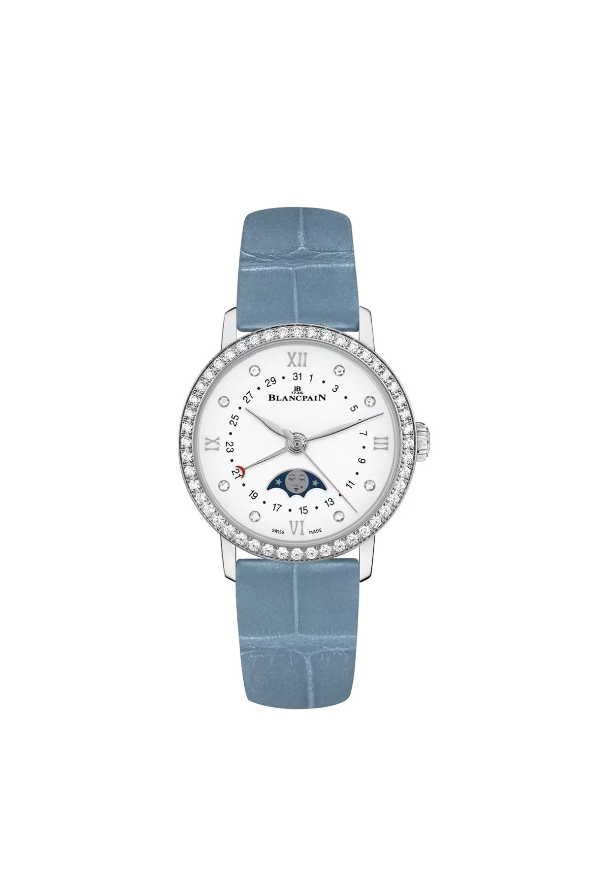 Blancpain Villeret Moonphase Calendar 29.2 մմ ժամացույց՝ պողպատե պատյանով և ադամանդներով սպիտակ թվատախտակով։ Ռեֆերենս՝ 6106-4628-95A։