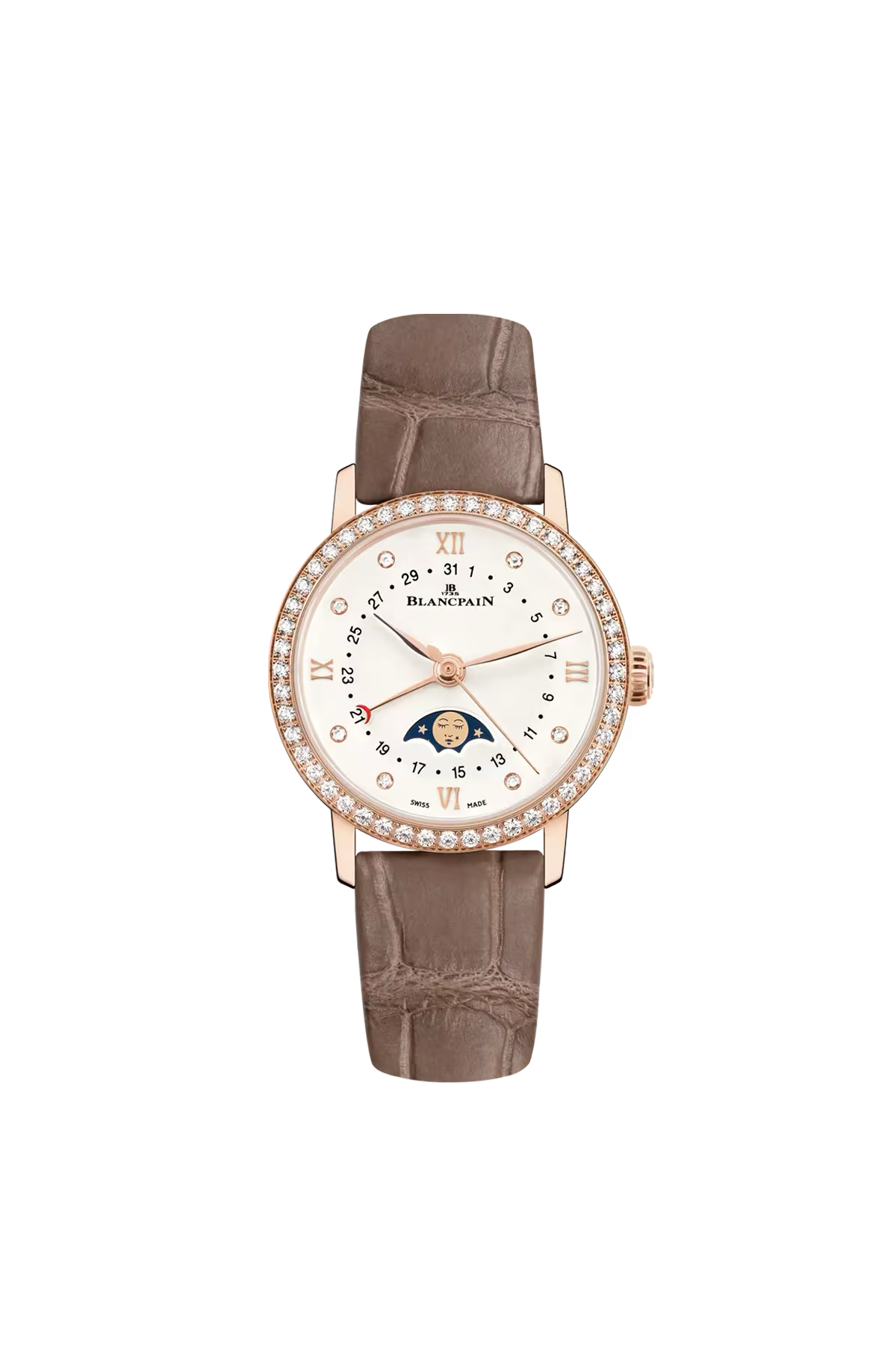 Часы Blancpain Villeret Moonphase Calendar 29,2 мм: корпус из красного золота и опалиновый циферблат с бриллиантами. Референс 6106-2987-55A.