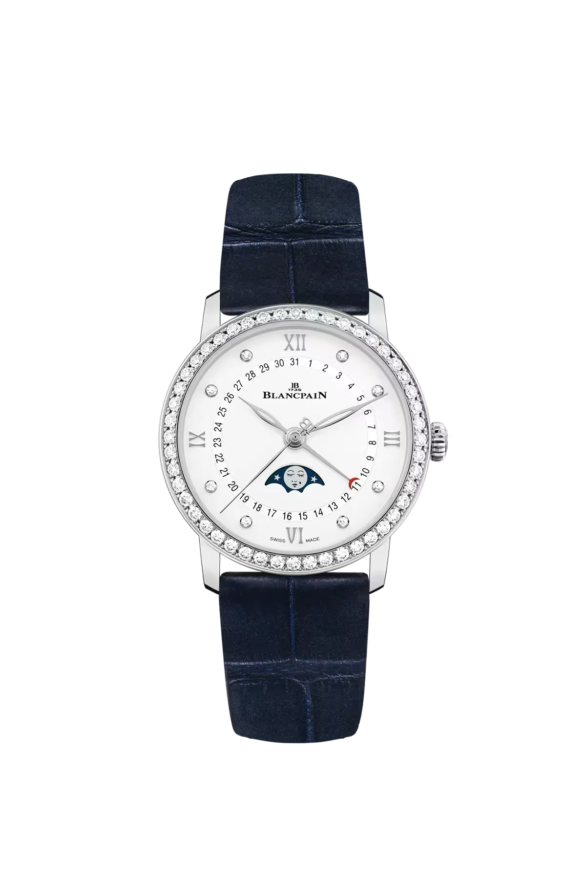 Часы Blancpain Villeret Moonphase Calendar 33,2 мм: стальной корпус и белый циферблат с бриллиантами. Референс 6126-4628-55B.