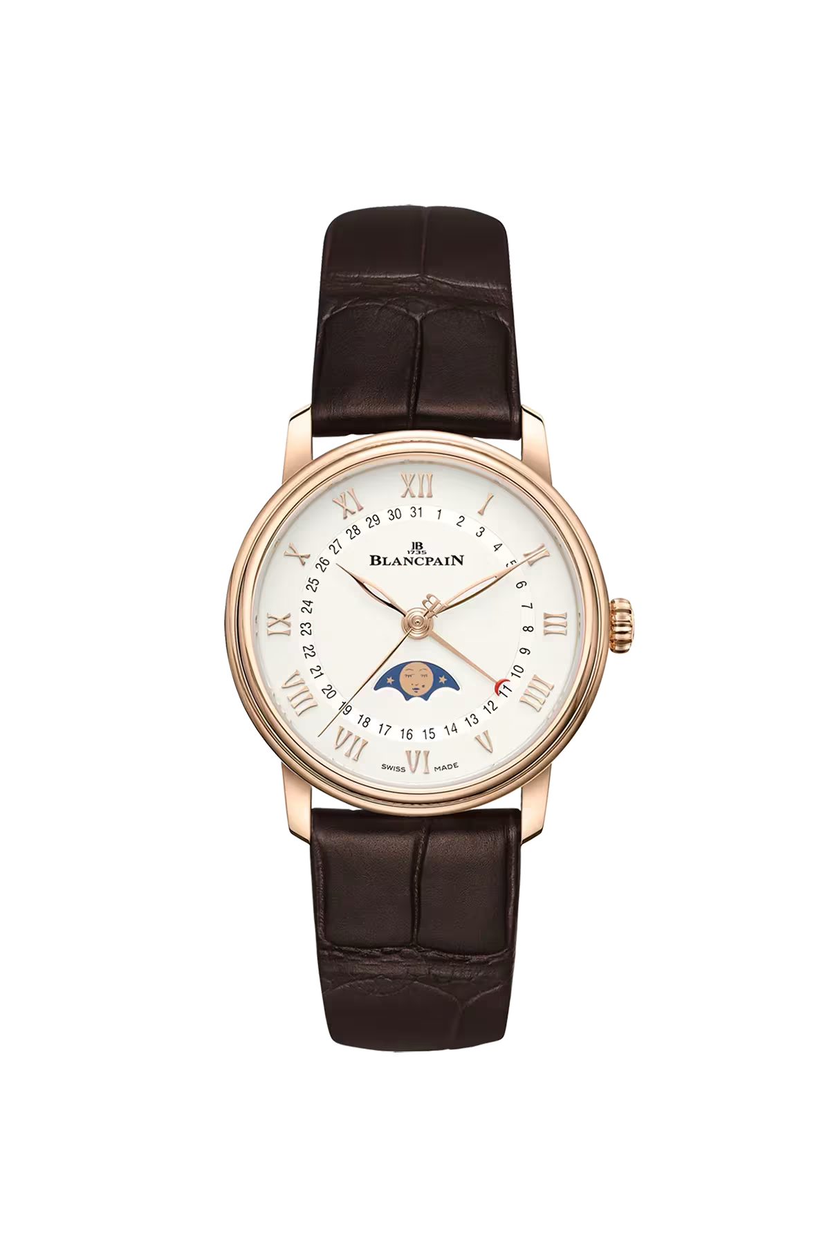 Часы Blancpain Villeret Moonphase Calendar 33,2 мм: корпус из красного золота и опалиновый циферблат. Референс 6126-3642-55B.