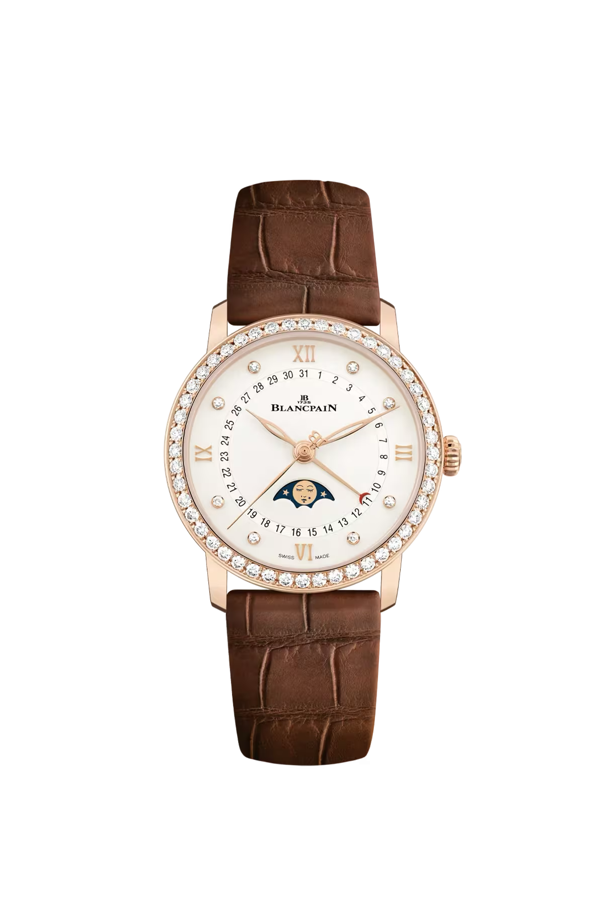 Часы Blancpain Villeret Moonphase Calendar 33,2 мм: корпус из красного золота и опалиновый циферблат с бриллиантами. Референс 6126-2987-55B.