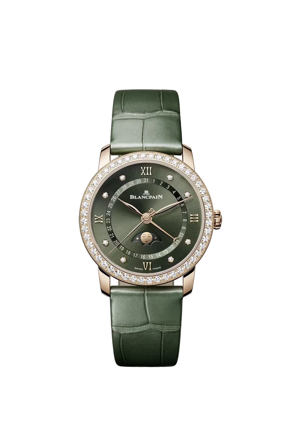 Часы Blancpain Villeret Moonphase Calendar 33,2 мм: корпус из красного золота и зеленый циферблат с солнечной отделкой. Референс 6126-2953-55B.