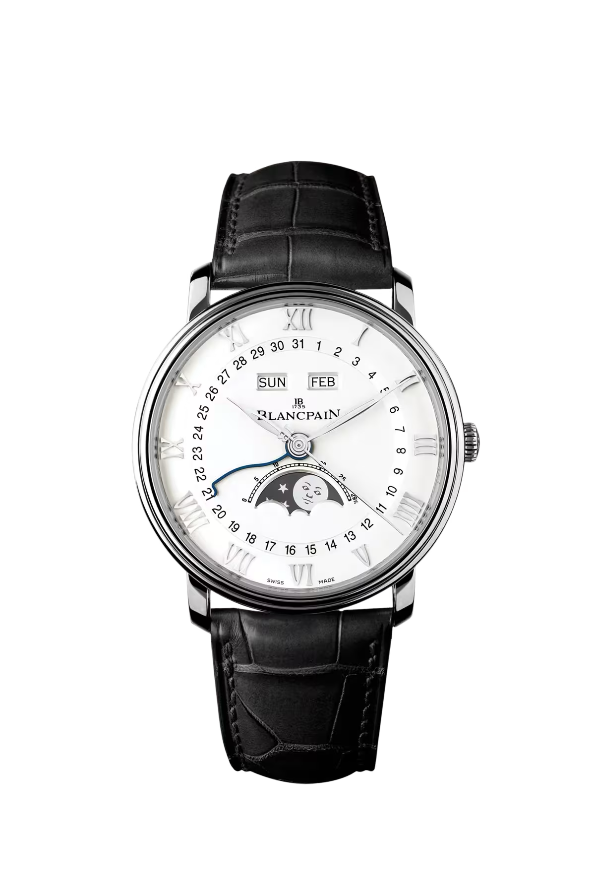 Часы Blancpain Villeret Calendar Moonphase 40 мм: стальной корпус и белый циферблат. Референс 6654-1127-55B.