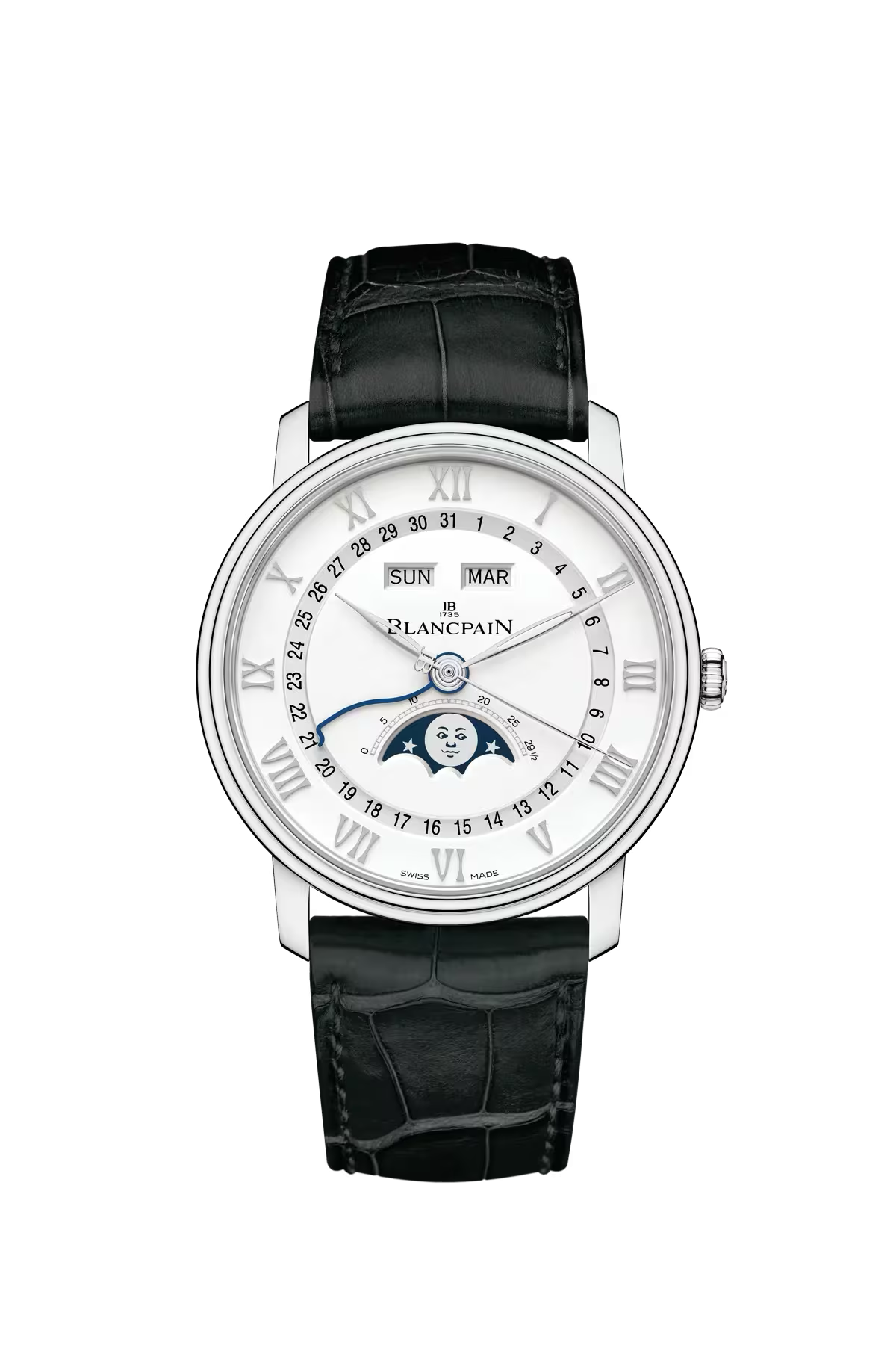 Часы Blancpain Villeret Complete Calendar 40 мм: стальной корпус и белый циферблат. Референс 6654A-1127-55B.