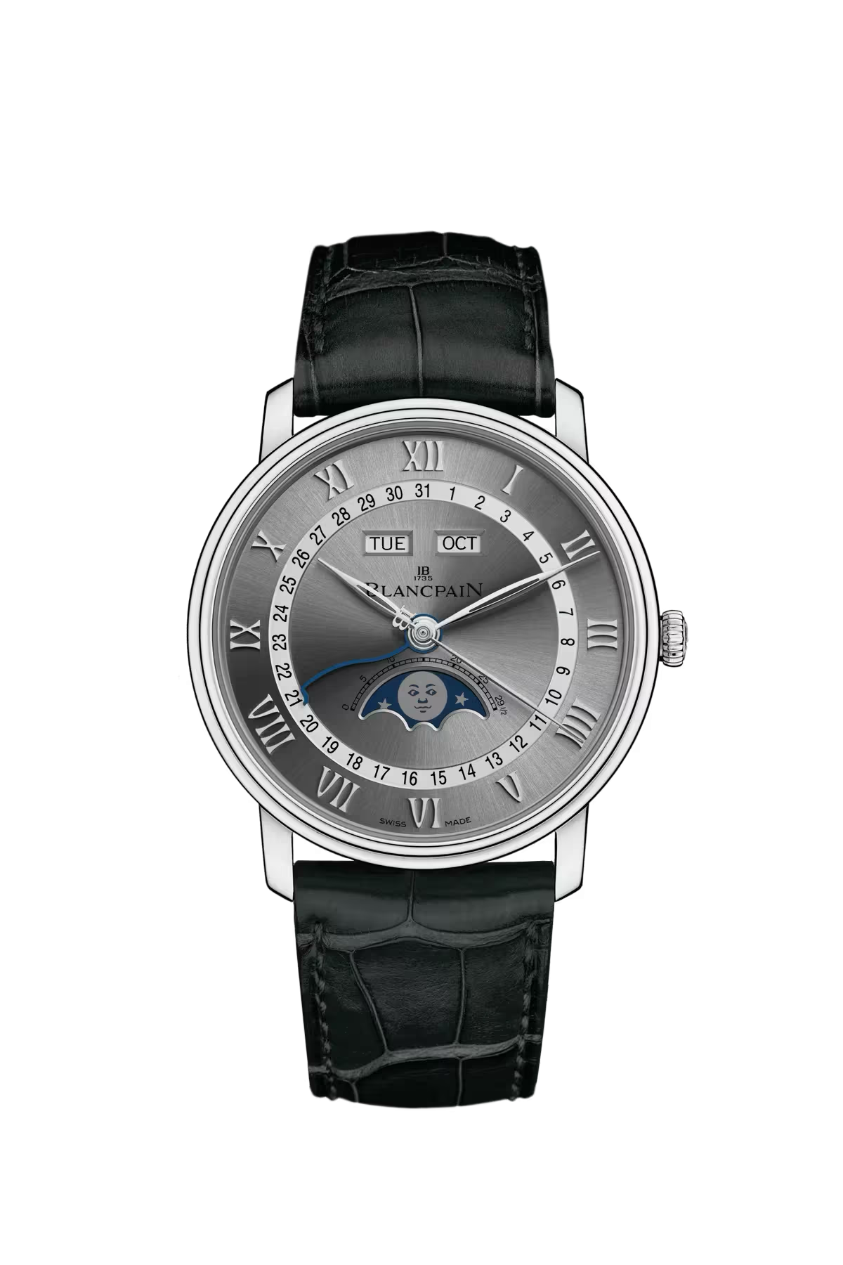 Часы Blancpain Villeret Complete Calendar 40 мм: стальной корпус и серый циферблат с солнечной отделкой. Референс 6654-1113-55B.