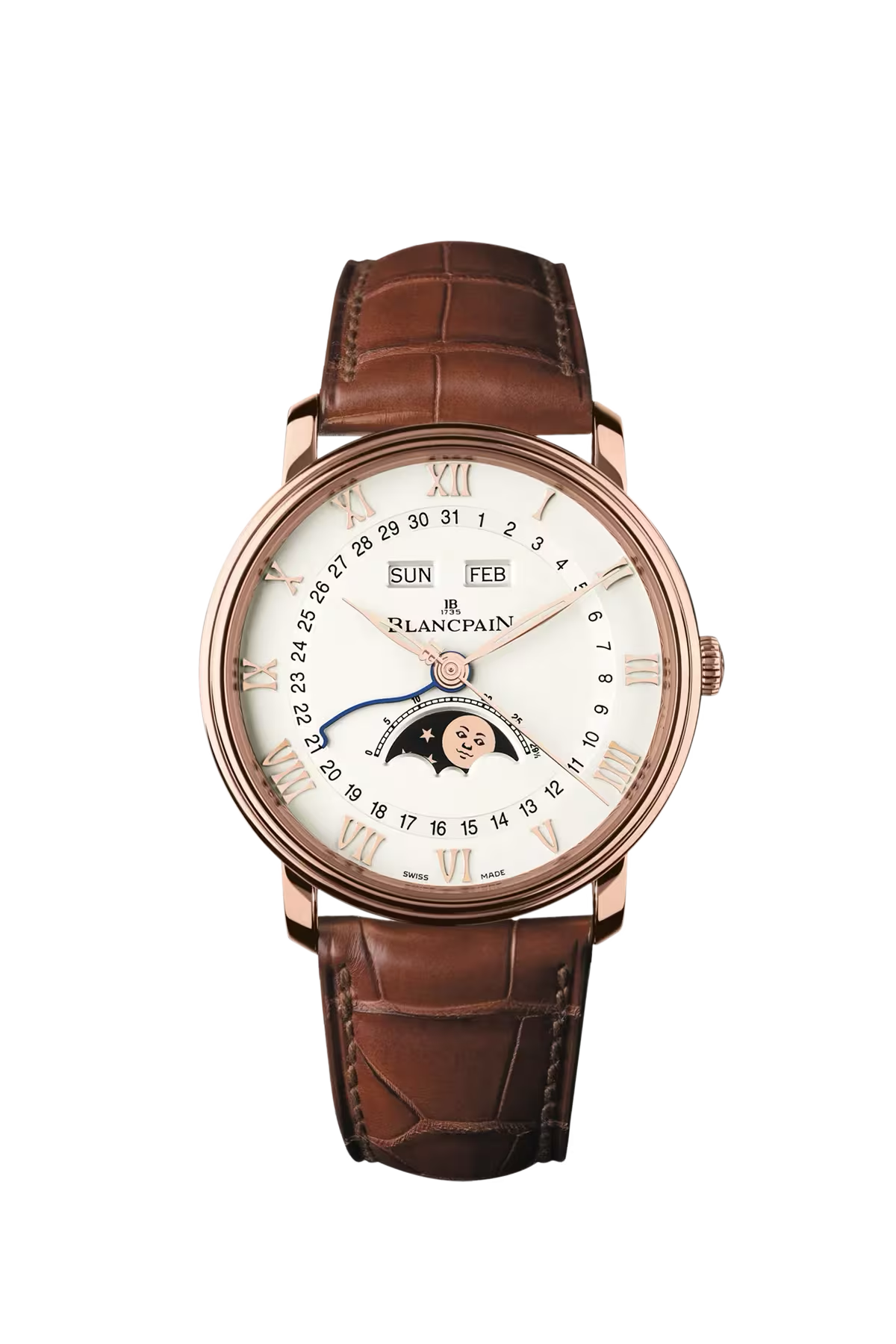 Часы Blancpain Villeret Complete Calendar 40 мм: корпус из красного золота и опалиновый циферблат. Референс 6654-3642-55B.