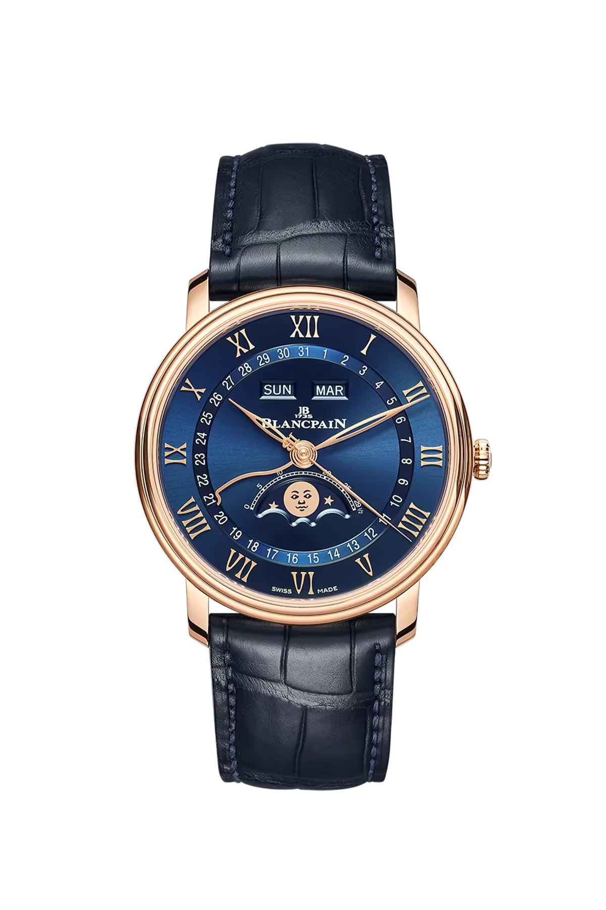 Часы Blancpain Villeret Complete Calendar 40 мм: корпус из красного золота и синий циферблат с солнечной отделкой. Референс 6654-3640-55B.