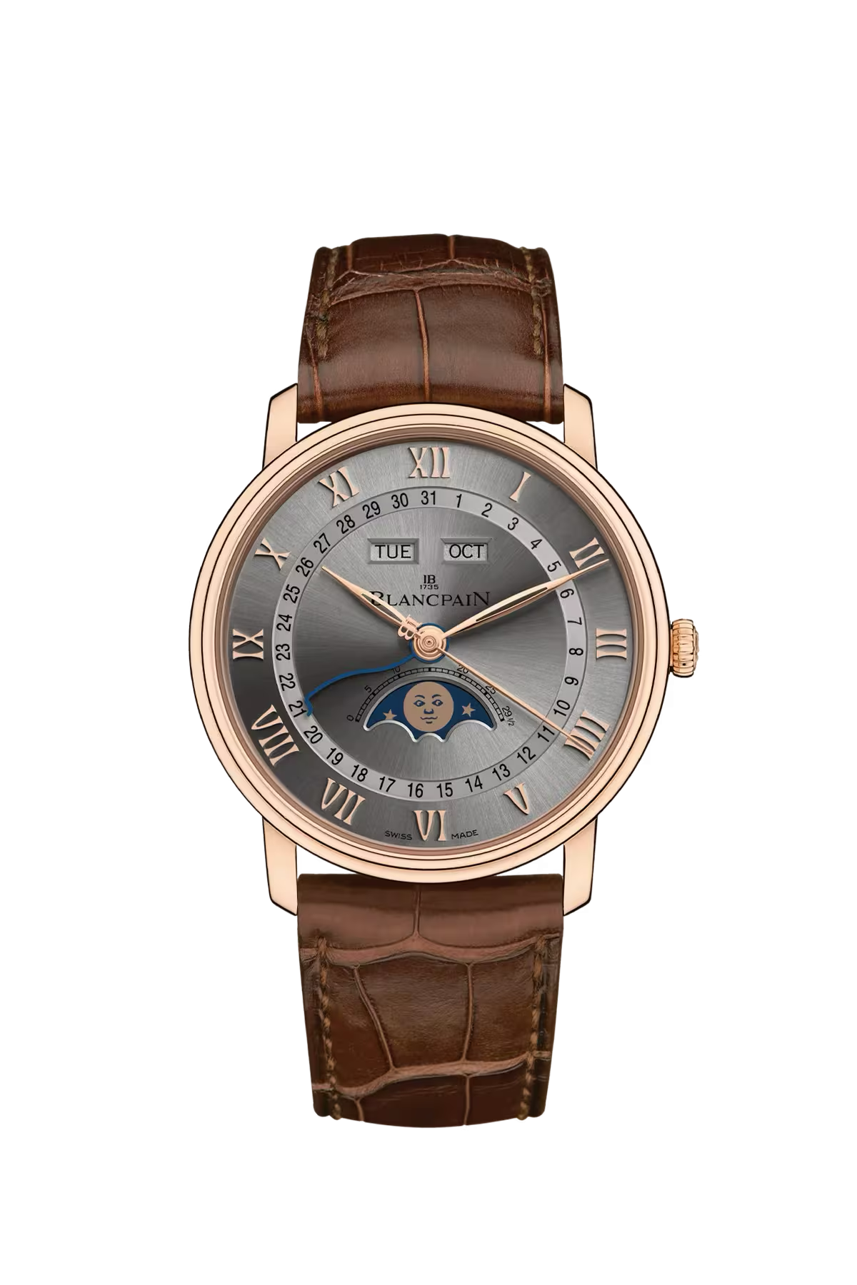 Blancpain Villeret Complete Calendar 40 մմ ժամացույց՝ կարմիր ոսկուց պատյանով և արևային հարդարմամբ մոխրագույն թվատախտակով։ Ռեֆերենս՝ 6654-3613-55B։