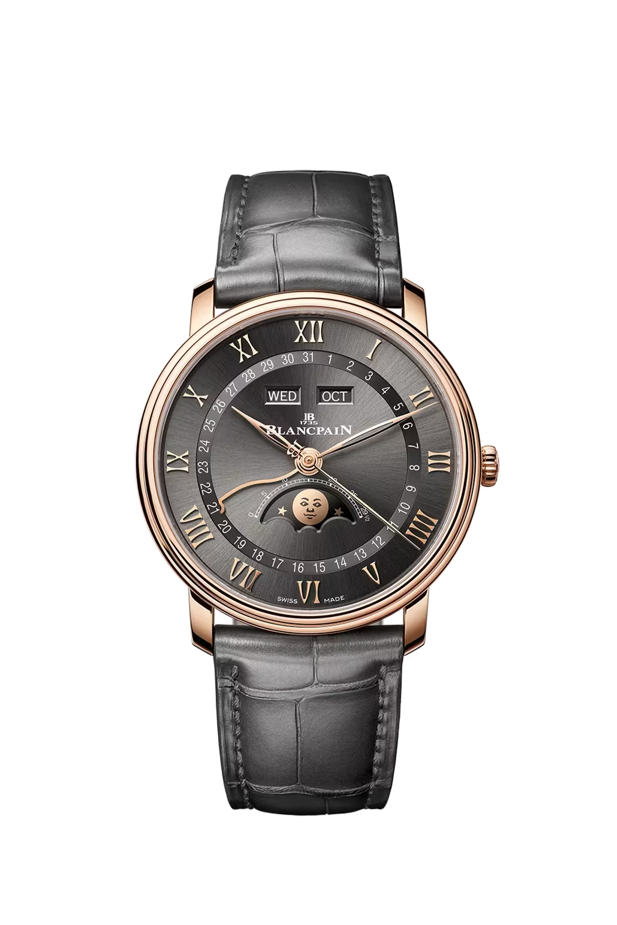Blancpain Villeret Complete Calendar 40 մմ ժամացույց՝ կարմիր ոսկուց պատյանով և մետեորիտային մոխրագույն թվատախտակով։ Ռեֆերենս՝ 6654-3610-55B։