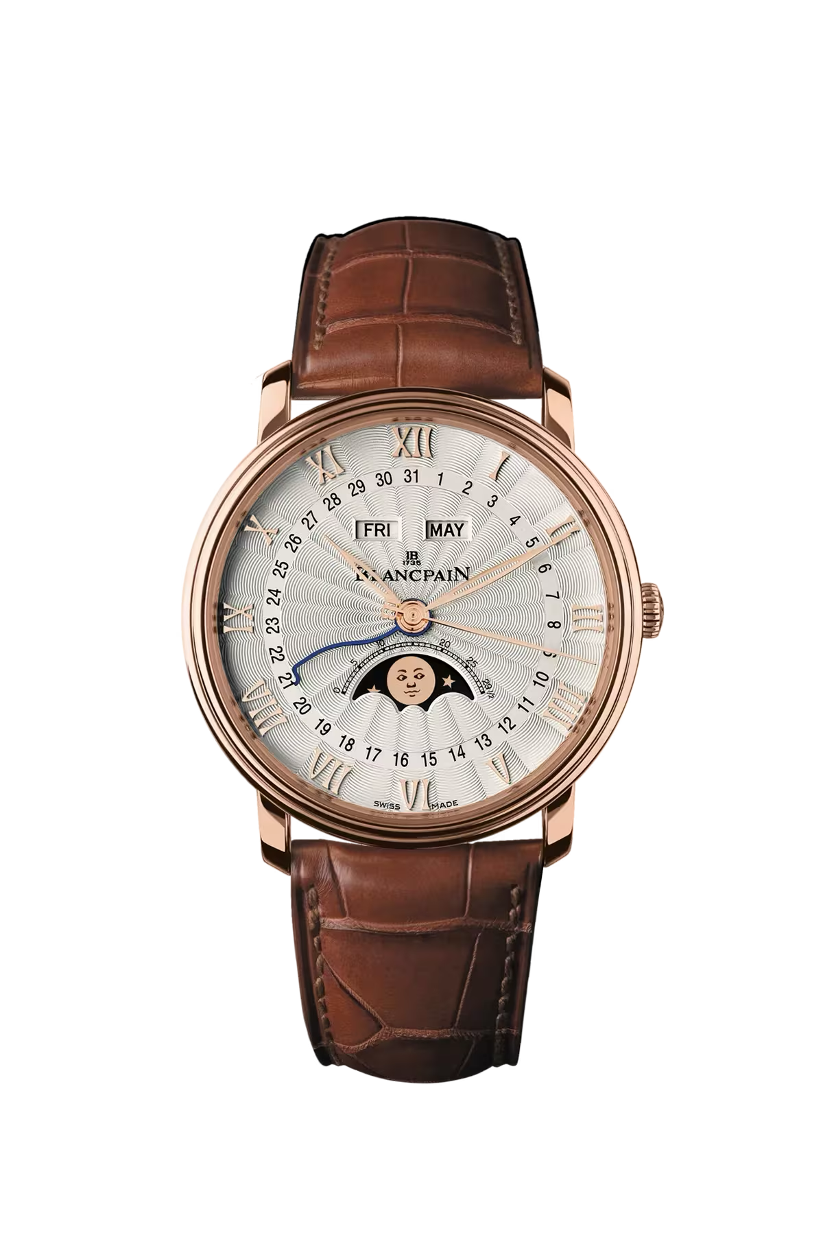 Blancpain Villeret Calendar Demi-Savonnette 40 մմ ժամացույց՝ կարմիր ոսկուց պատյանով և դրոշմված flinqué օպալային թվատախտակով։ Ռեֆերենս՝ 6664-3642-55B։