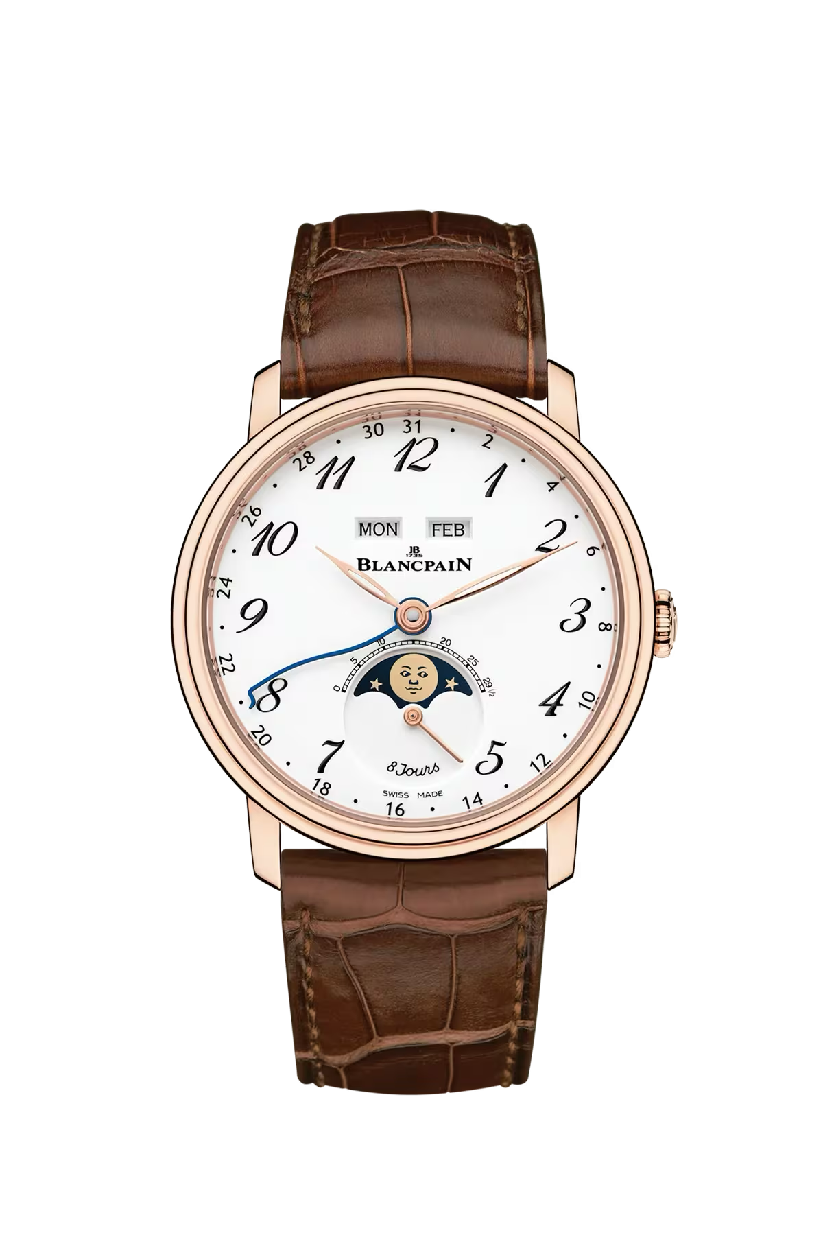 Blancpain Villeret Complete Calendar 8 Days 42 մմ ժամացույց՝ կարմիր ոսկուց պատյանով և ուռուցիկ սպիտակ grand feu էմալապատ թվատախտակով։ Ռեֆերենս՝ 6639A-3631-55B։