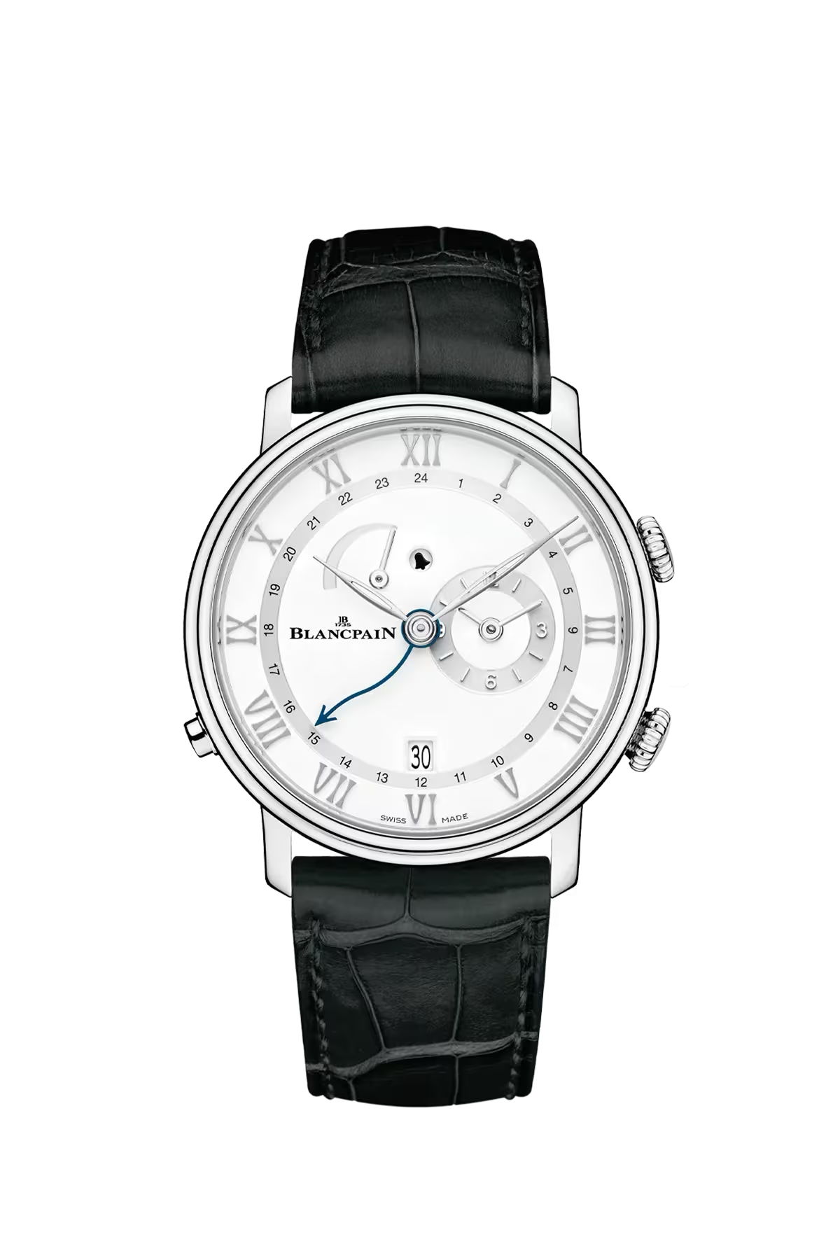 Часы Blancpain Villeret Alarm GMT 40,3 мм: стальной корпус и белый циферблат. Референс 6640-1127-55B.
