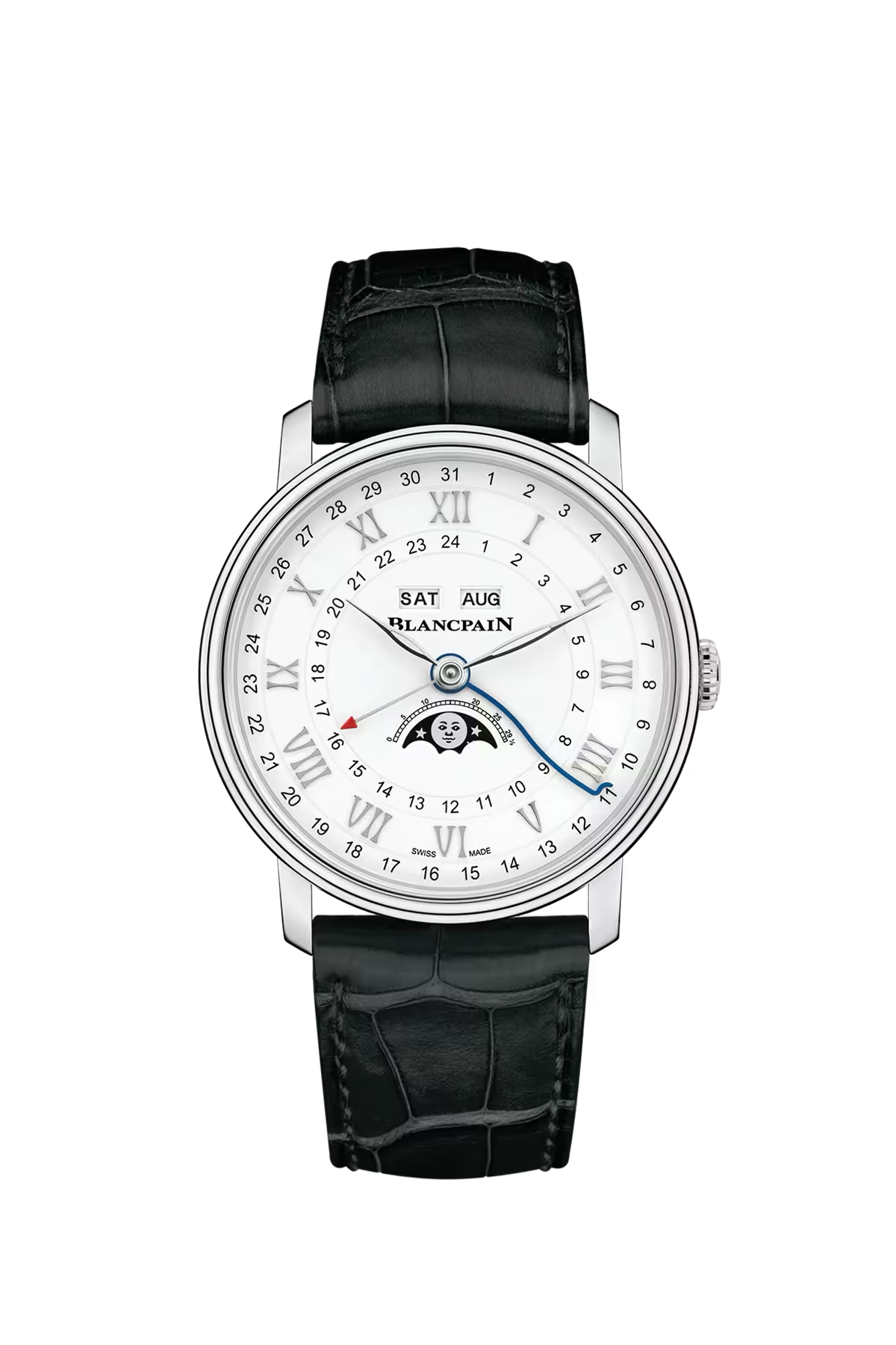 Часы Blancpain Villeret Calendar Moonphase GMT 40,5 мм: стальной корпус и белый циферблат. Референс 6676-1127-55B.
