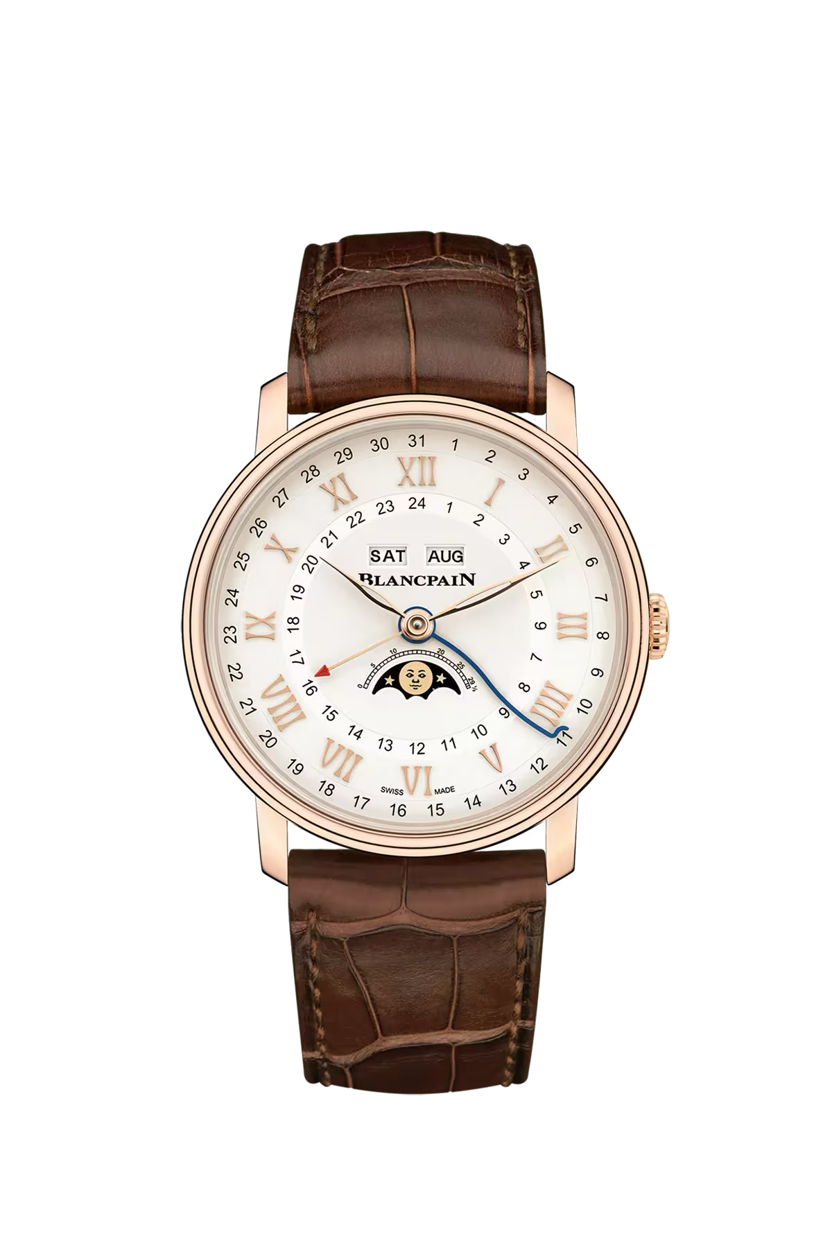 Blancpain Villeret Calendar Moonphase GMT 40.5 մմ ժամացույց՝ կարմիր ոսկուց պատյանով և օպալային թվատախտակով։ Ռեֆերենս՝ 6676-3642-55B։