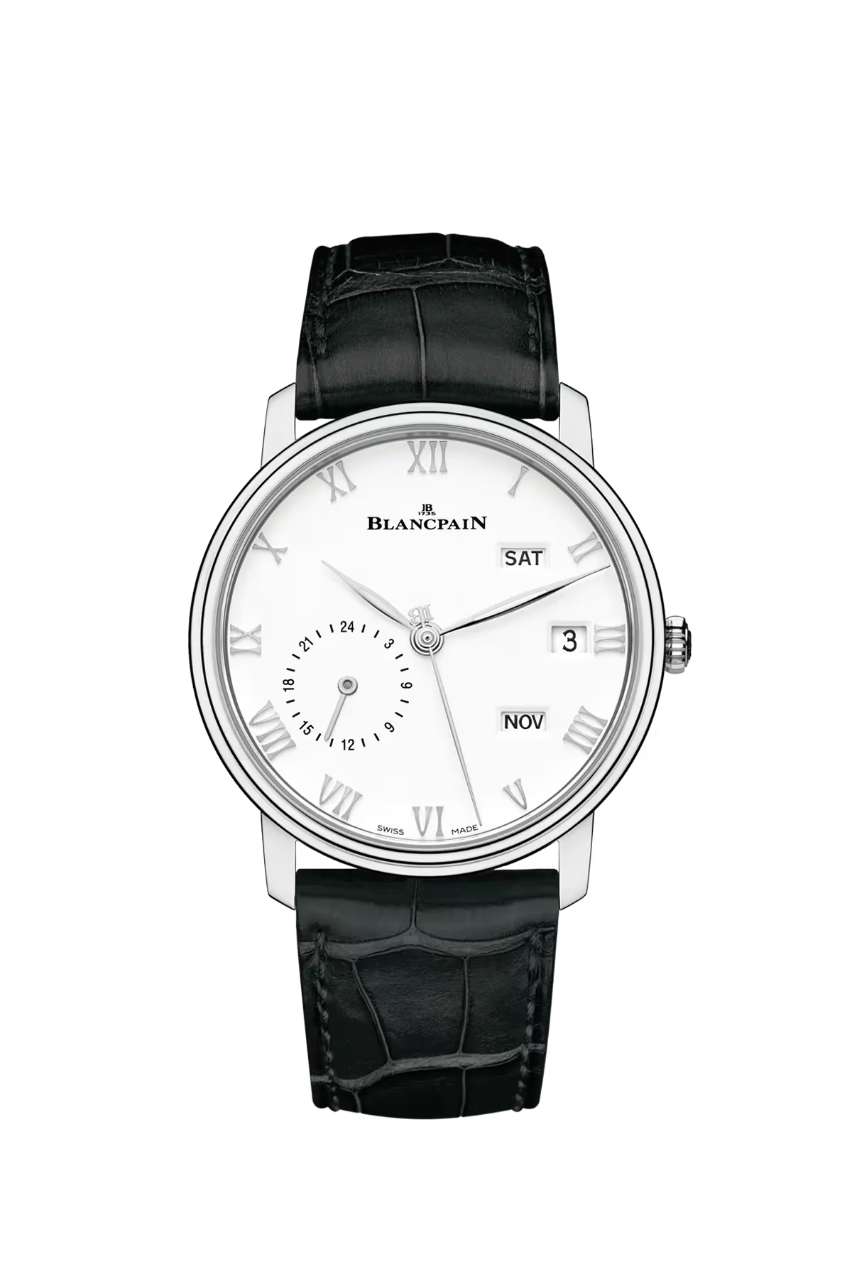 Часы Blancpain Villeret Annual Calendar GMT 40 мм: стальной корпус и белый циферблат. Референс 6670-1127-55B.