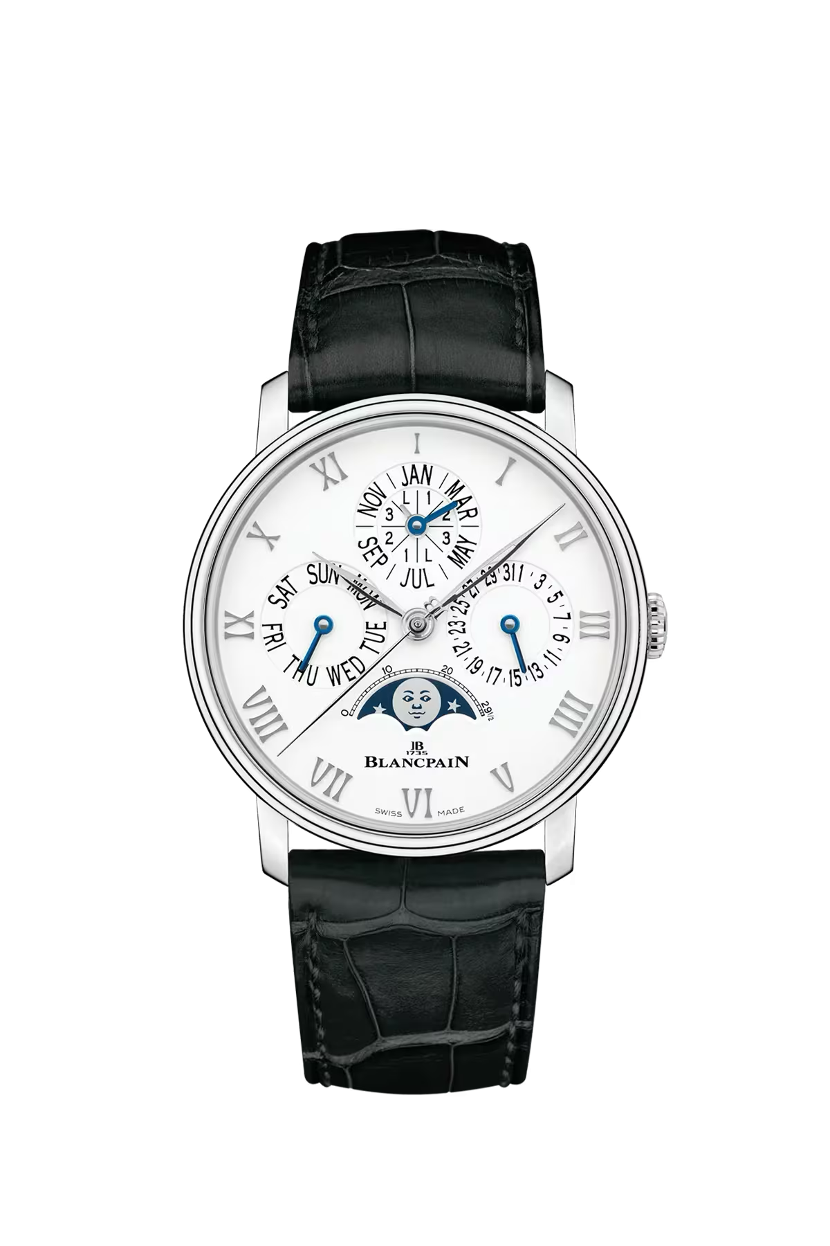 Blancpain Villeret Perpetual Moonphase 40.3 մմ ժամացույց՝ պողպատե պատյանով և սպիտակ թվատախտակով։ Ռեֆերենս՝ 6656-1127-55B։