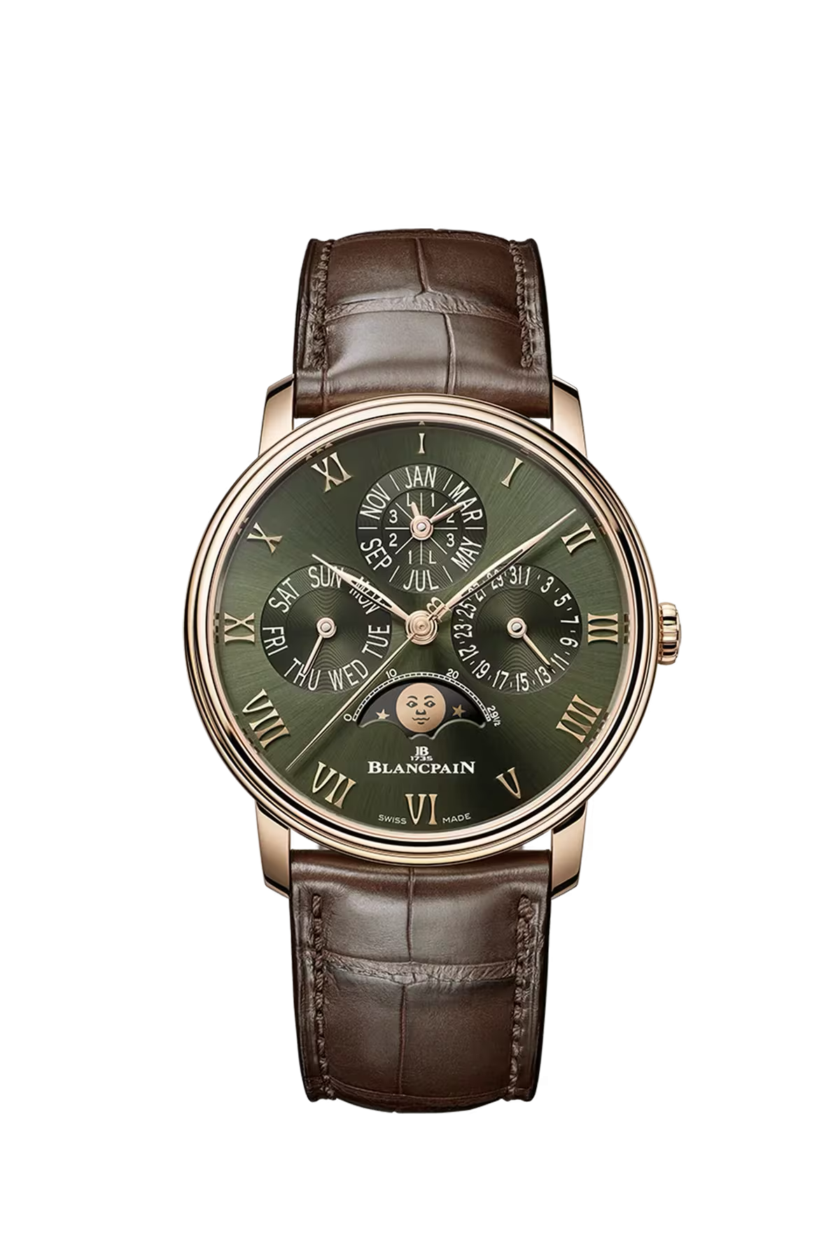 Часы Blancpain Villeret Perpetual Calendar 40,3 мм: корпус из красного золота и зеленый циферблат с солнечной отделкой. Референс 6656-3653-55B.