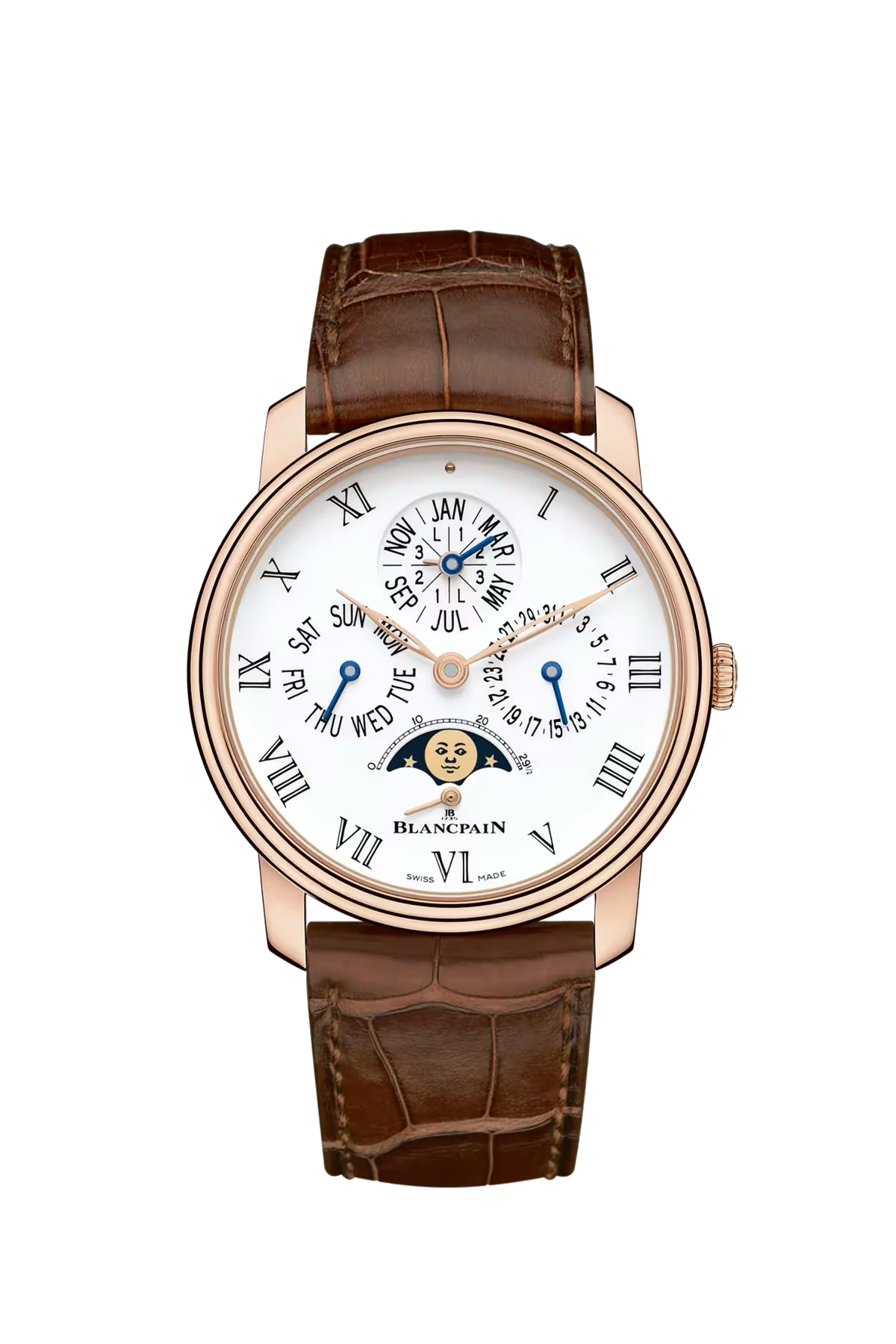 Blancpain Villeret Perpetual Calendar 8 Days 42 մմ ժամացույց՝ կարմիր ոսկուց պատյանով և ուռուցիկ սպիտակ grand feu էմալապատ թվատախտակով։ Ռեֆերենս՝ 6659-3631-55B։