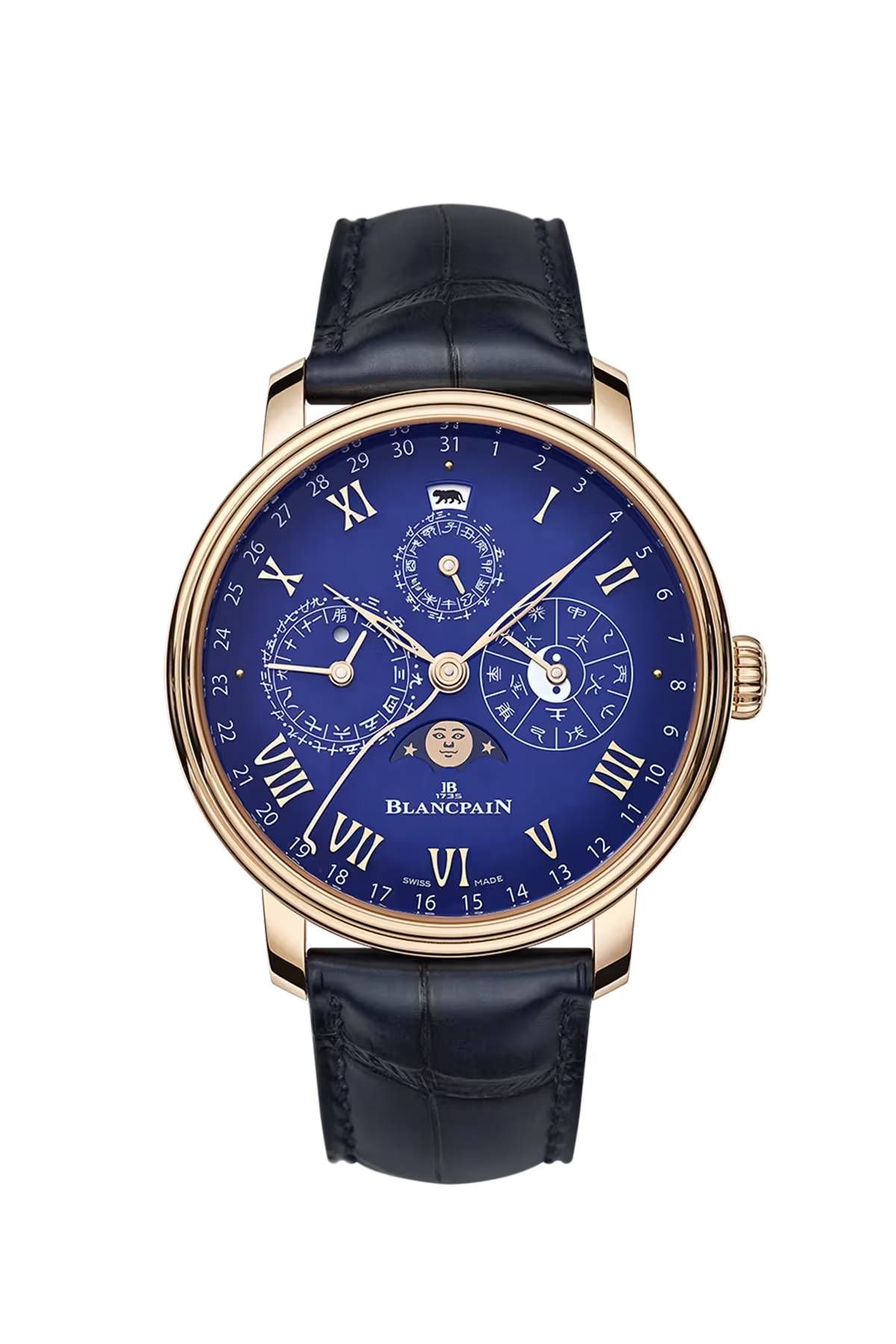 Часы Blancpain Villeret Chinese Calendar 45,2 мм: корпус из красного золота и синий циферблат с солнечной отделкой. Референс 0888-3632B-55B.