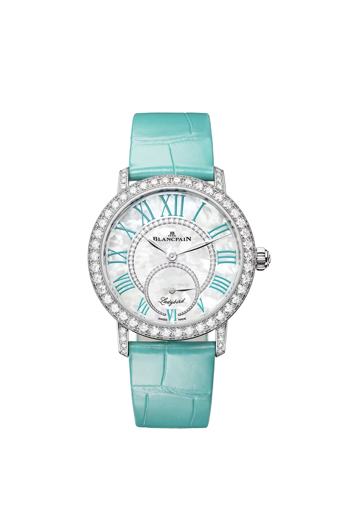 Часы Blancpain Ladybird Colors 34,9 мм: корпус из белого золота и перламутровый циферблат с бриллиантами. Референс 3661B-1954-55B.