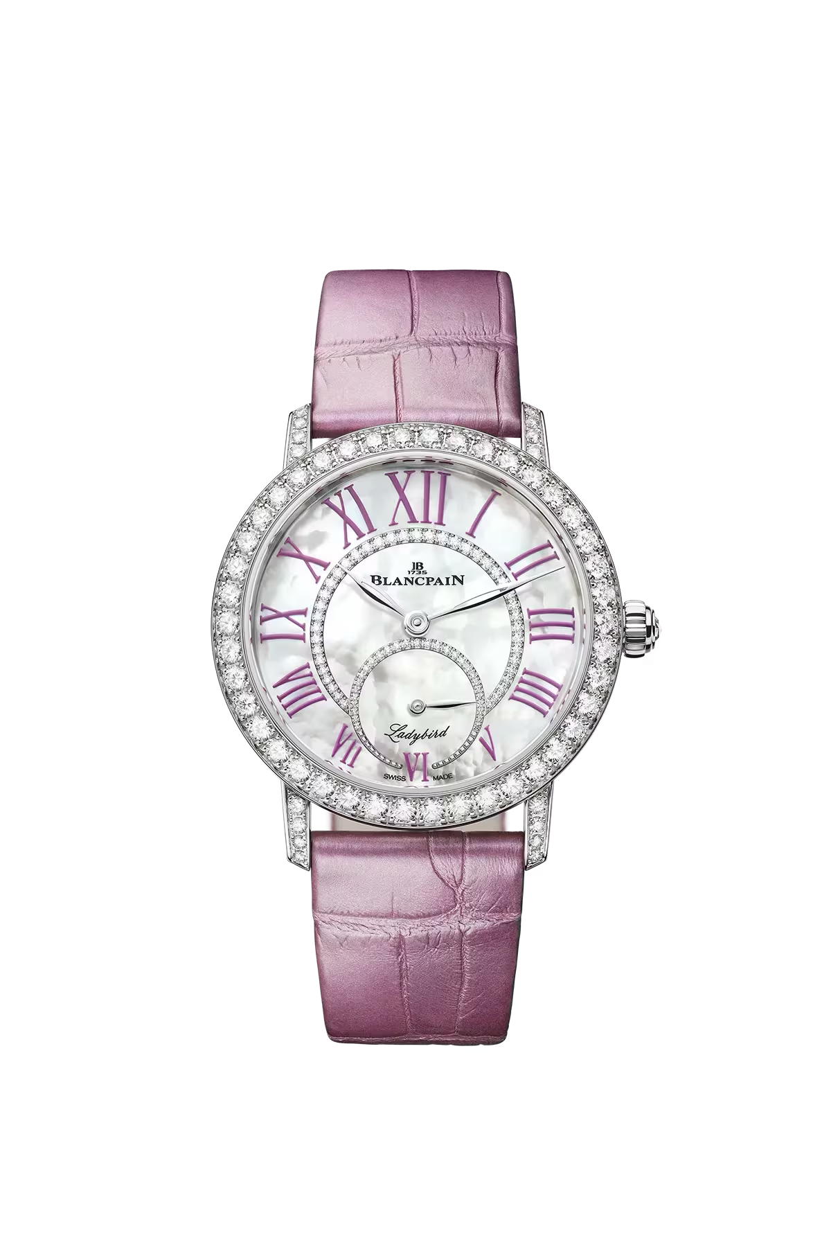 Часы Blancpain Ladybird Colors 34,9 мм: корпус из белого золота и перламутровый циферблат с бриллиантами. Референс 3661-1954-55B.