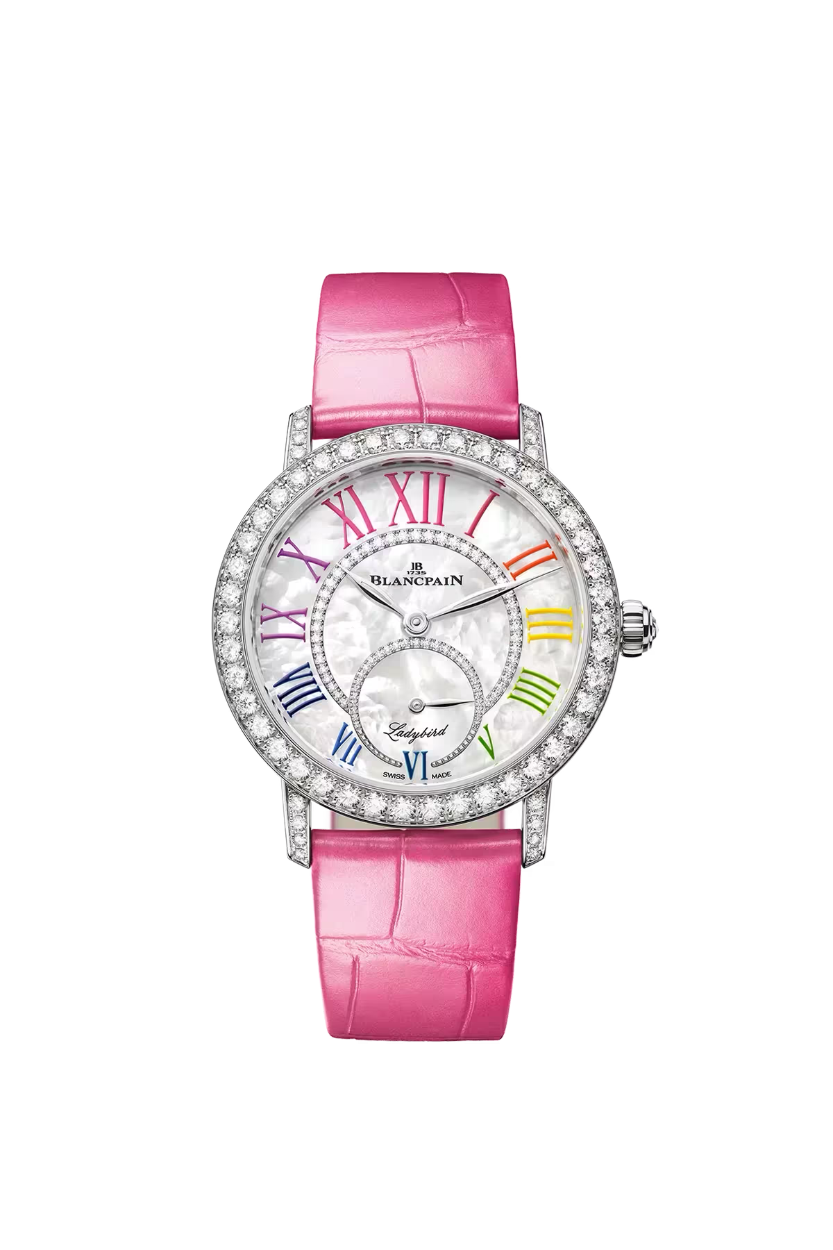 Blancpain Ladybird Colors 34.9 մմ ժամացույց՝ սպիտակ ոսկուց պատյանով և ադամանդներով մարգարտափայլ թվատախտակով։ Ռեֆերենս՝ 3661A-1954-95B։