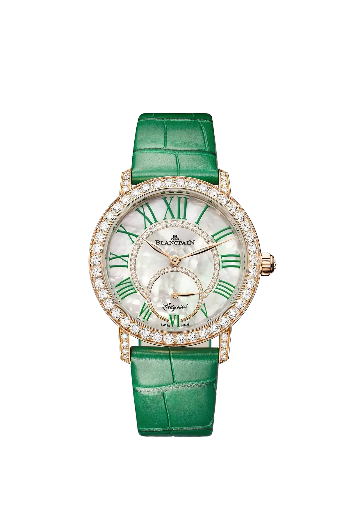 Часы Blancpain Ladybird Colors 34,9 мм: корпус из красного золота и перламутровый циферблат с бриллиантами. Референс 3661A-2954-55B.