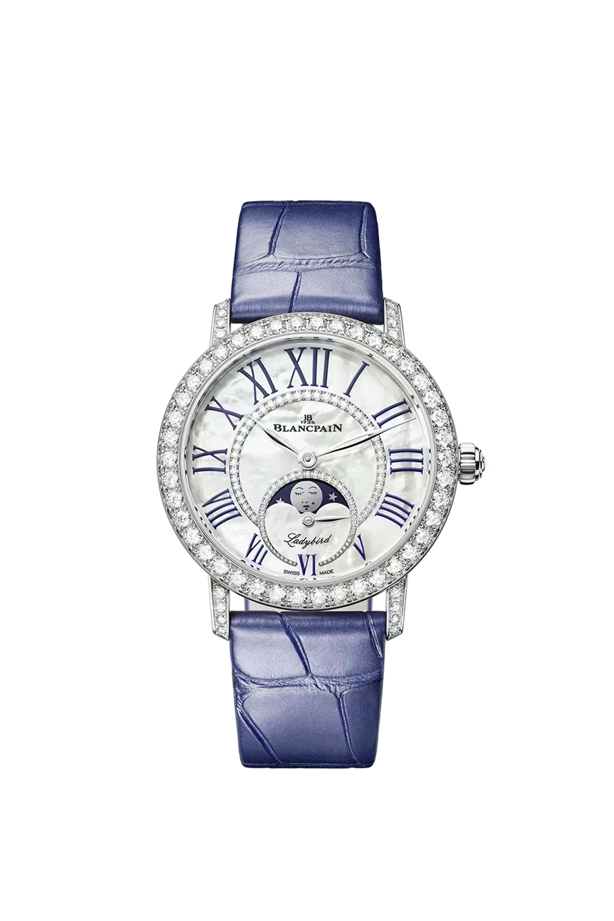 Часы Blancpain Ladybird Colors Moonphase 34,9 мм: корпус из белого золота и перламутровый циферблат с бриллиантами. Референс 3662-1954-55B.