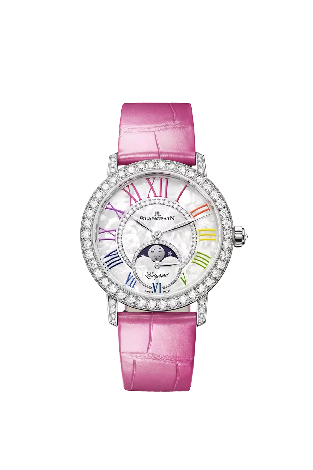 Часы Blancpain Ladybird Colors Moonphase 34,9 мм: корпус из белого золота и перламутровый циферблат с бриллиантами. Референс 3662B-1954-95B.