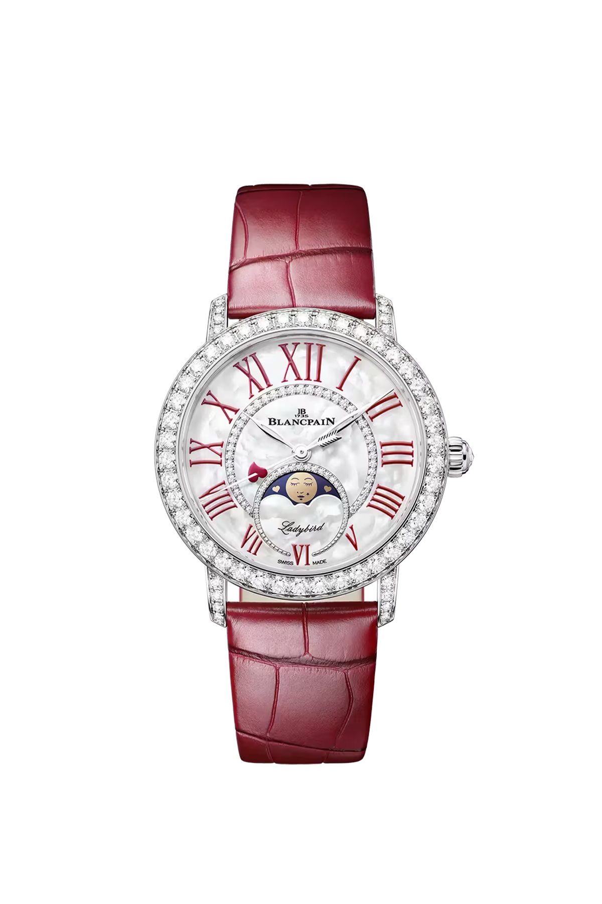 Часы Blancpain Ladybird Valentine 2025 34,9 мм: корпус из белого золота и перламутровый циферблат с бриллиантами. Референс 3662C-1954-55B.