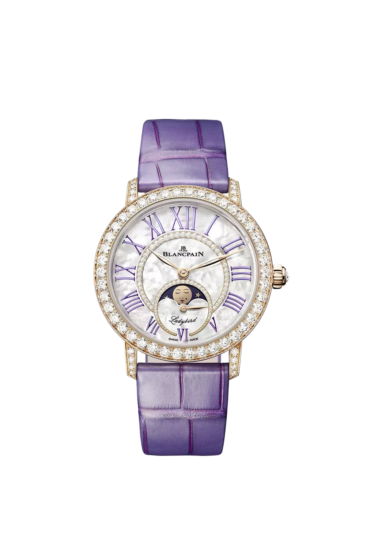 Часы Blancpain Ladybird Colors Moonphase 34,9 мм: корпус из красного золота и перламутровый циферблат с бриллиантами. Референс 3662E-2954-55B.
