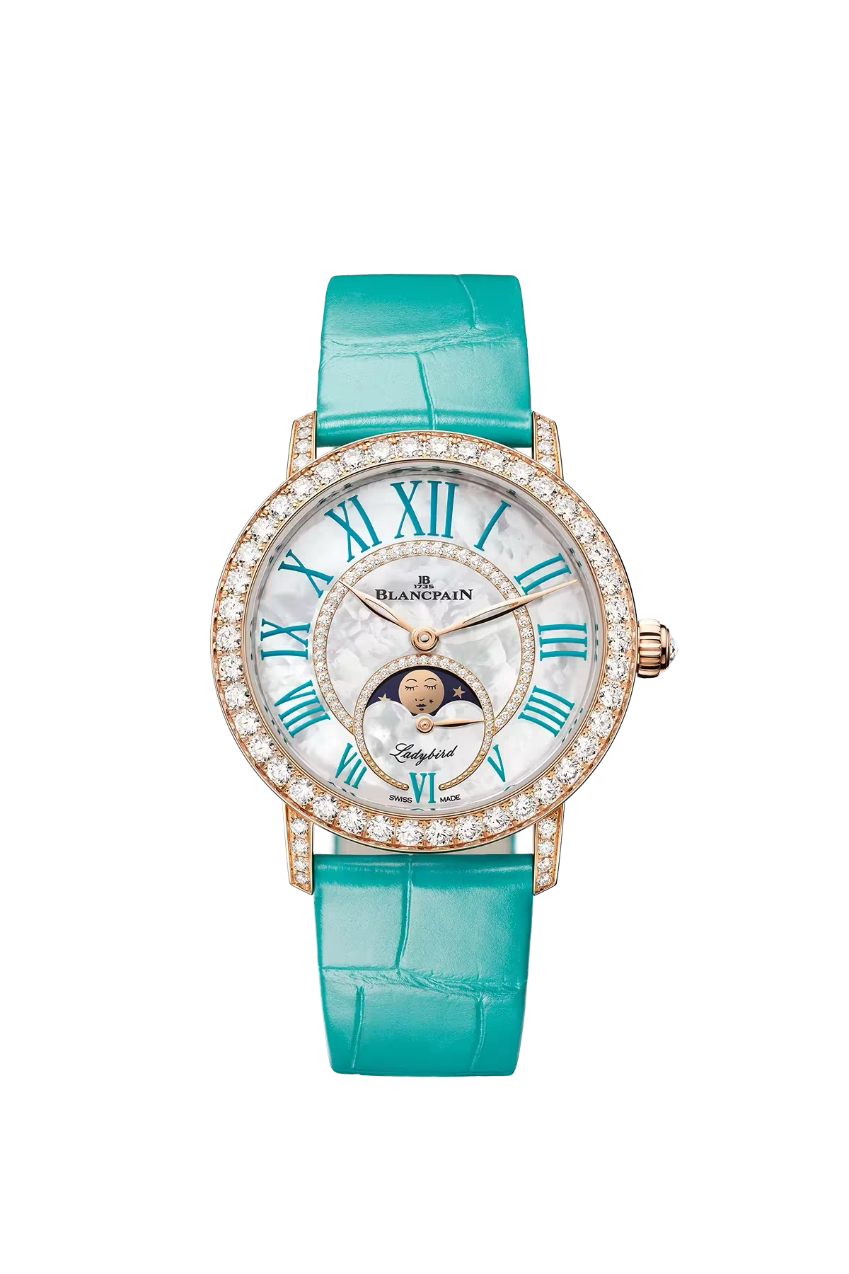 Часы Blancpain Ladybird Colors Moonphase 34,9 мм: корпус из красного золота и перламутровый циферблат с бриллиантами. Референс 3662A-2954-55B.