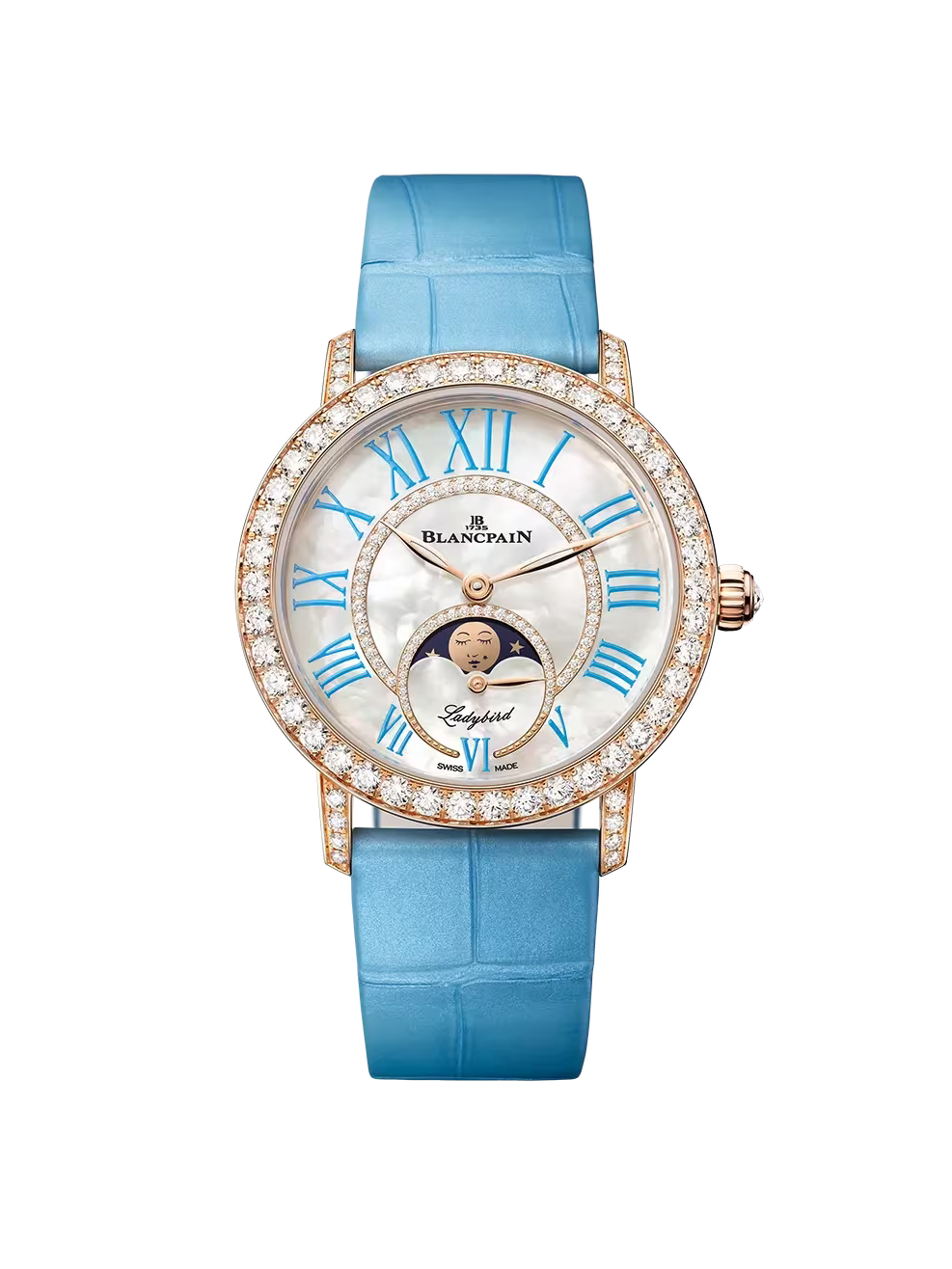 Часы Blancpain Ladybird Colors Moonphase 34,9 мм: корпус из красного золота и перламутровый циферблат с бриллиантами. Референс 3662D-2954-55B.