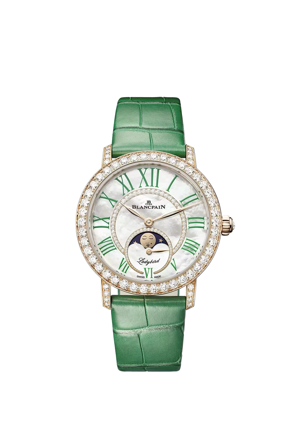 Часы Blancpain Ladybird Colors Moonphase 34,9 мм: корпус из красного золота и перламутровый циферблат с бриллиантами. Референс 3662B-2954-55B.