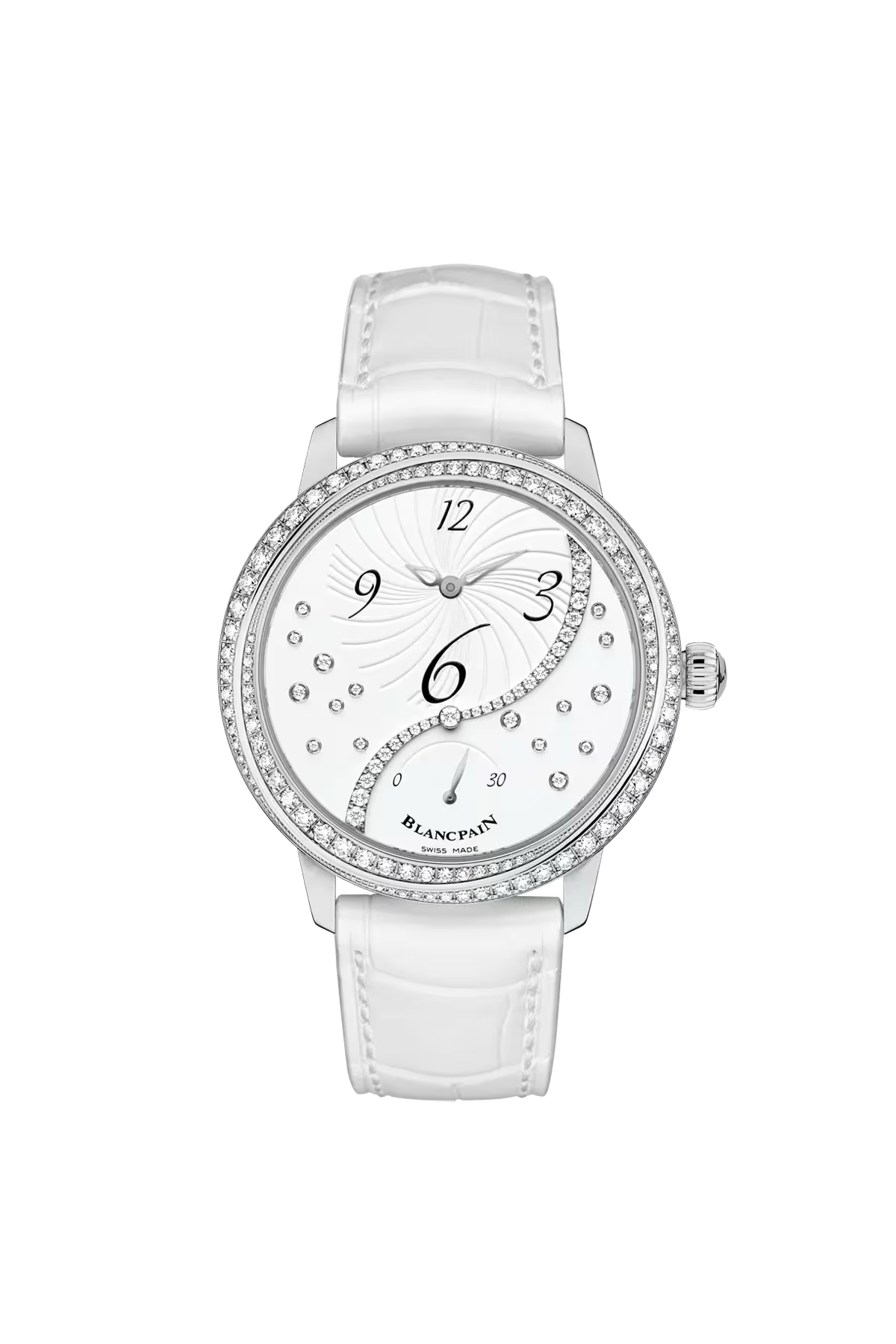 Blancpain Ladybird Off-Centered 36.8 մմ ժամացույց՝ պողպատե պատյանով և ադամանդներով սպիտակ թվատախտակով։ Ռեֆերենս՝ 3650A-4528-55B։