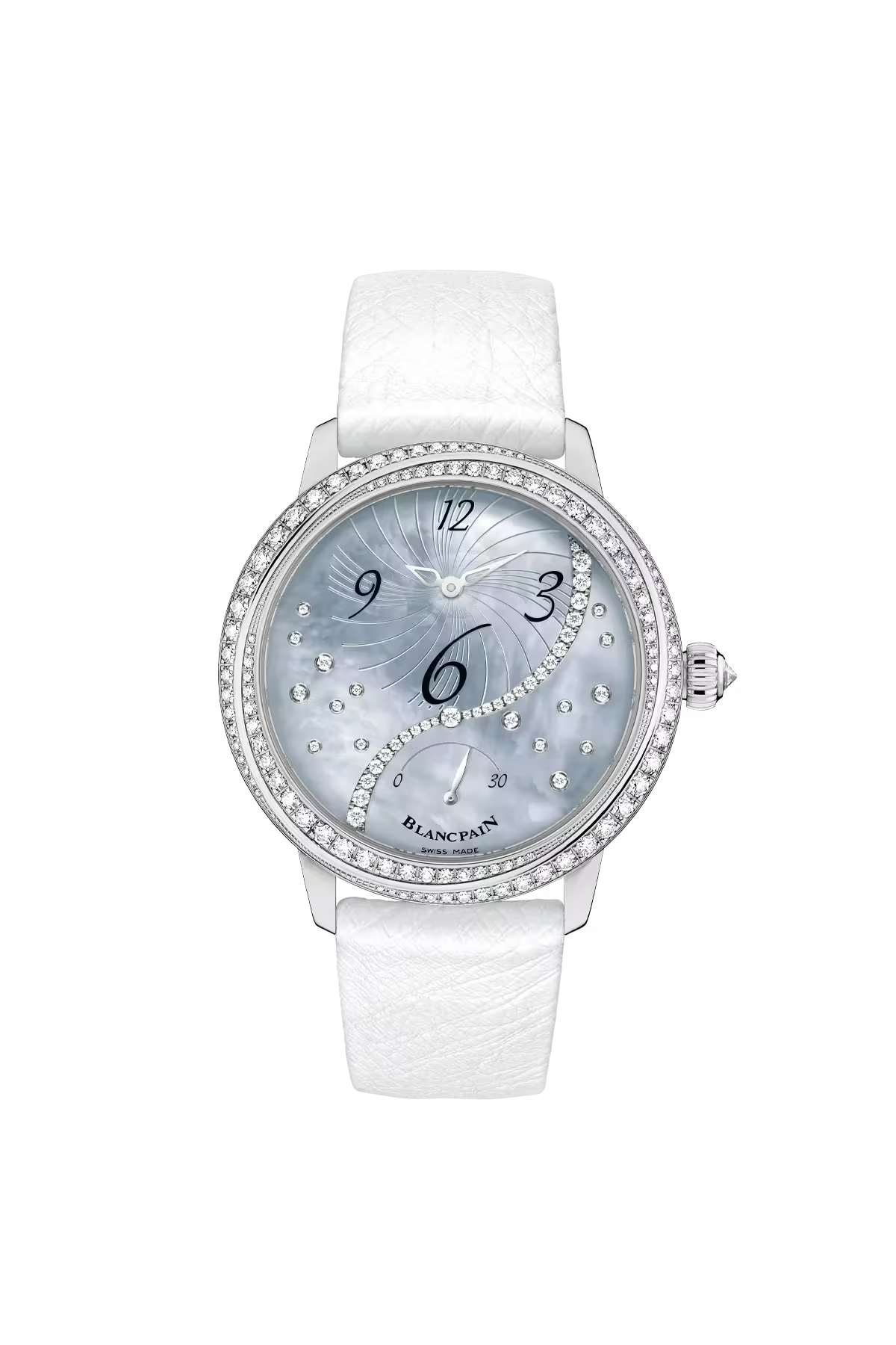 Часы Blancpain Ladybird Off-Centered 36,8 мм: корпус из белого золота и синий перламутровый циферблат с бриллиантами. Референс 3650A-3554L-58B.