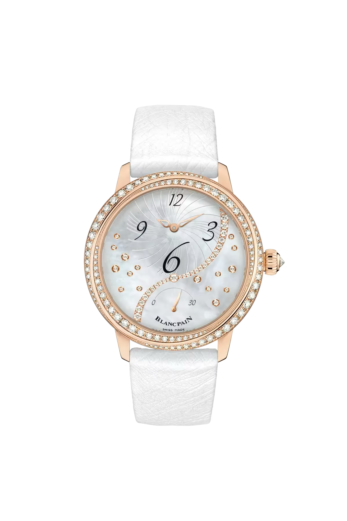 Часы Blancpain Ladybird Off-Centered 36,8 мм: корпус из красного золота и перламутровый циферблат с бриллиантами. Референс 3650A-3754-58B.