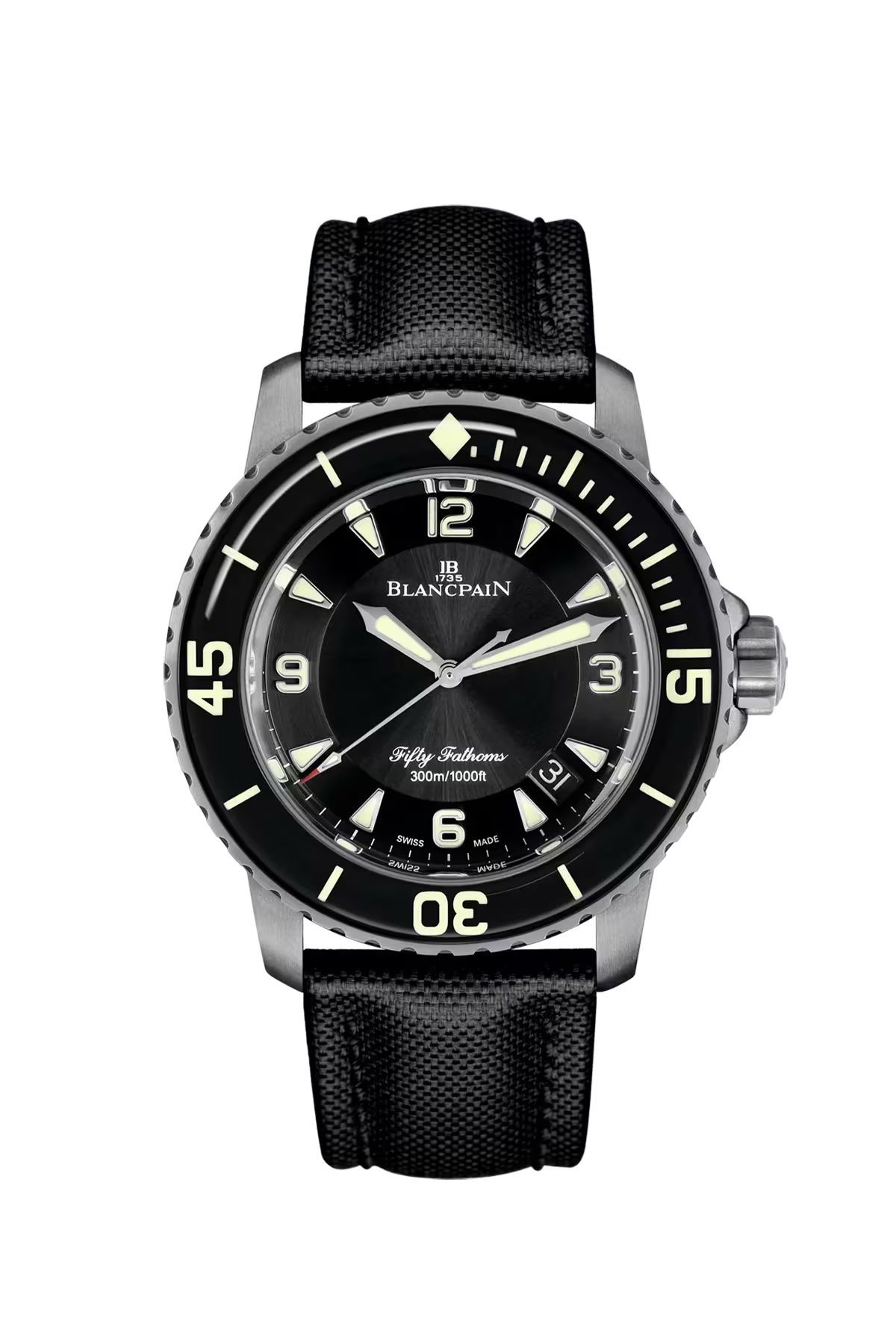 Часы Blancpain Fifty Fathoms Automatique 45 мм: титановый корпус и черный циферблат с солнечной отделкой. Референс 5015-12B30-B52B.