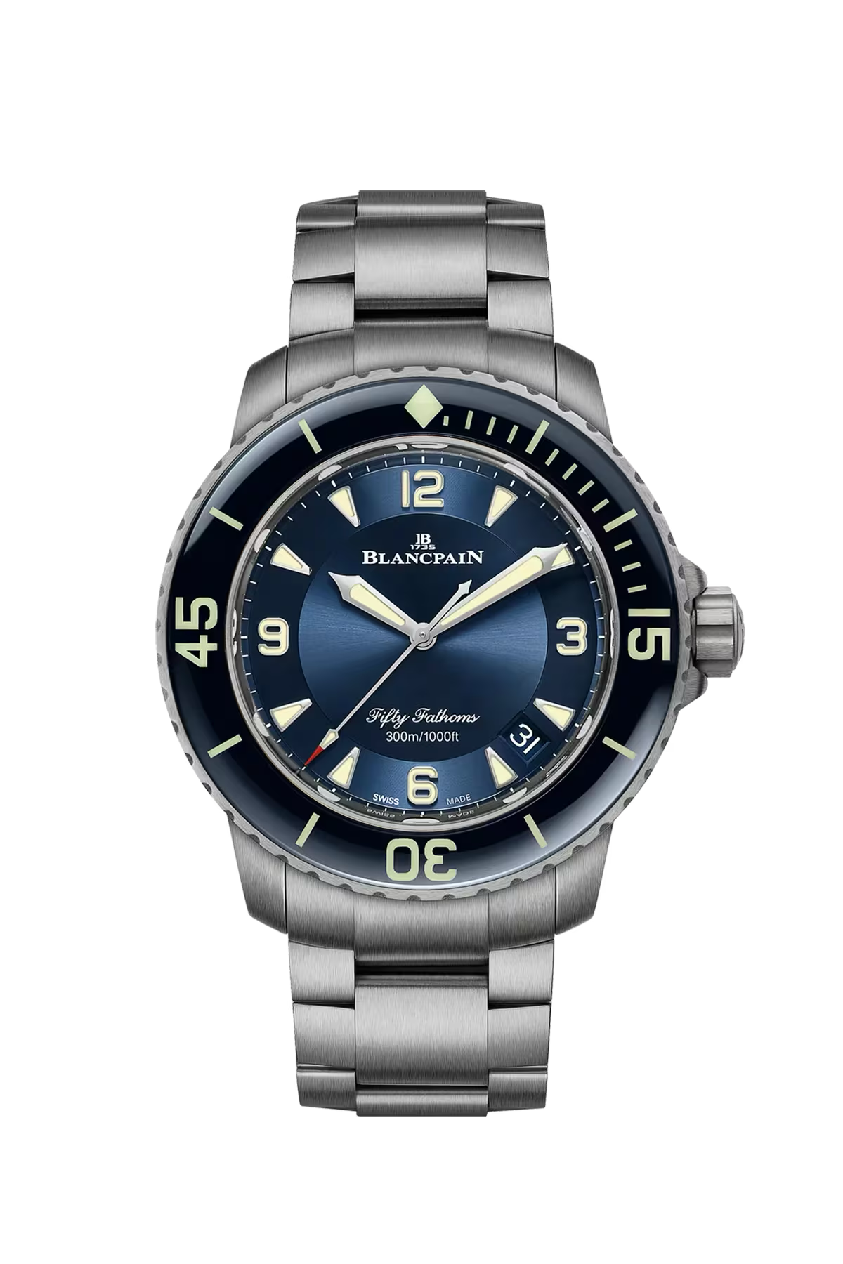 Blancpain Fifty Fathoms Automatique 45 մմ ժամացույց՝ տիտանե պատյանով և արևային հարդարմամբ կապույտ թվատախտակով։ Ռեֆերենս՝ 5015-12B40-98B։