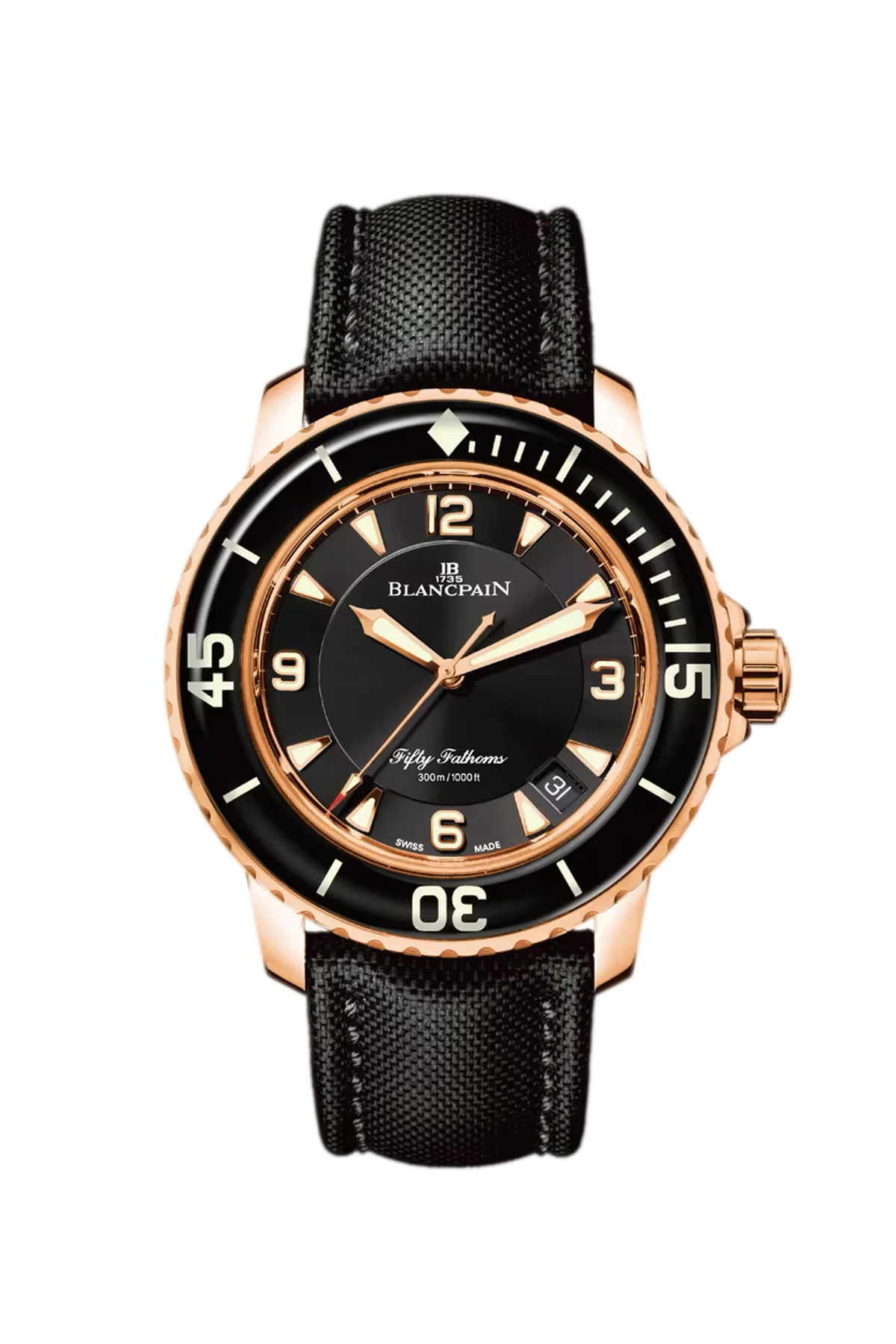 Часы Blancpain Fifty Fathoms Automatique 45 мм: корпус из красного золота и черный циферблат. Референс 5015-3630-52B.