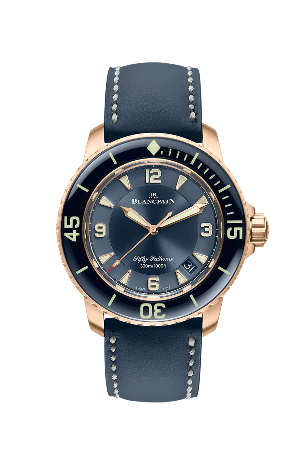 Blancpain Fifty Fathoms Automatique 45 մմ ժամացույց՝ կարմիր ոսկուց պատյանով և արևային հարդարմամբ կապույտ կերամիկական թվատախտակով։ Ռեֆերենս՝ 5015-3603C-63B։