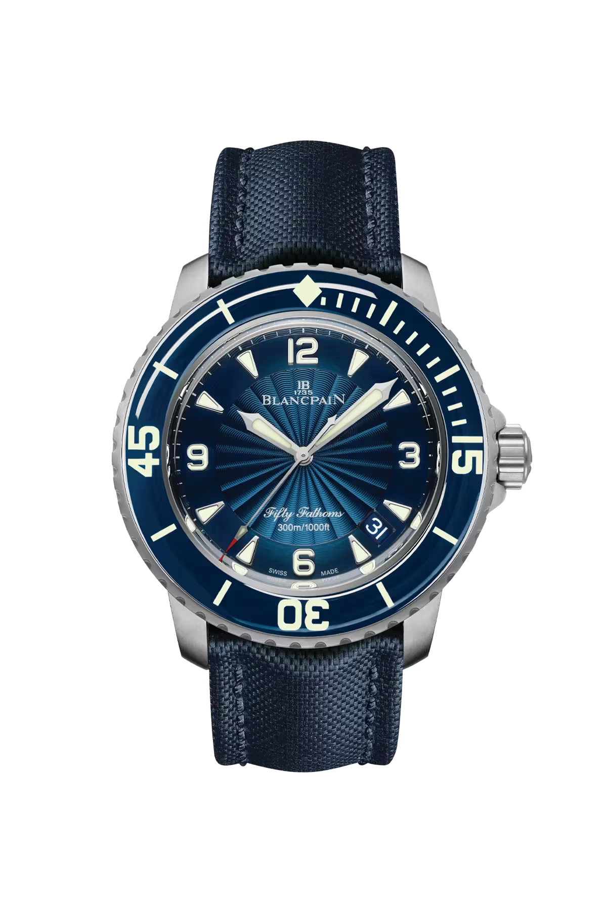 Blancpain Fifty Fathoms Automatique 45 մմ ժամացույց՝ պողպատե պատյանով և արևային հարդարմամբ կապույտ թվատախտակով։ Ռեֆերենս՝ 5015D-1140-52B։