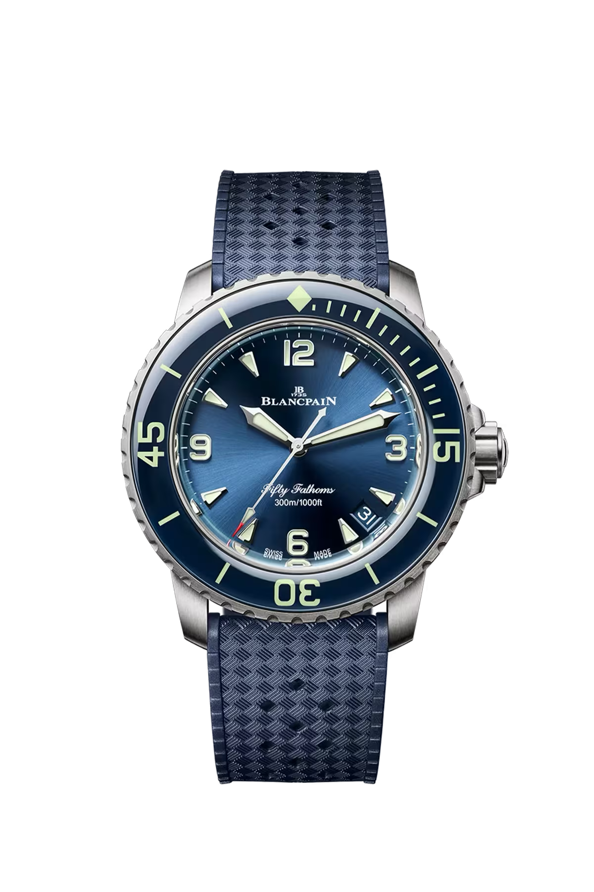 Blancpain Fifty Fathoms Automatique 42.3 մմ ժամացույց՝ տիտանե պատյանով և արևային հարդարմամբ կապույտ թվատախտակով։ Ռեֆերենս՝ 5010-12B40-O64B։
