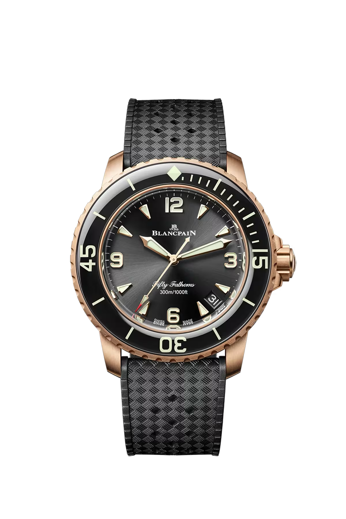 Blancpain Fifty Fathoms Automatique 42.3 մմ ժամացույց՝ կարմիր ոսկուց պատյանով և արևային հարդարմամբ սև թվատախտակով։ Ռեֆերենս՝ 5010-36B30-B64B։