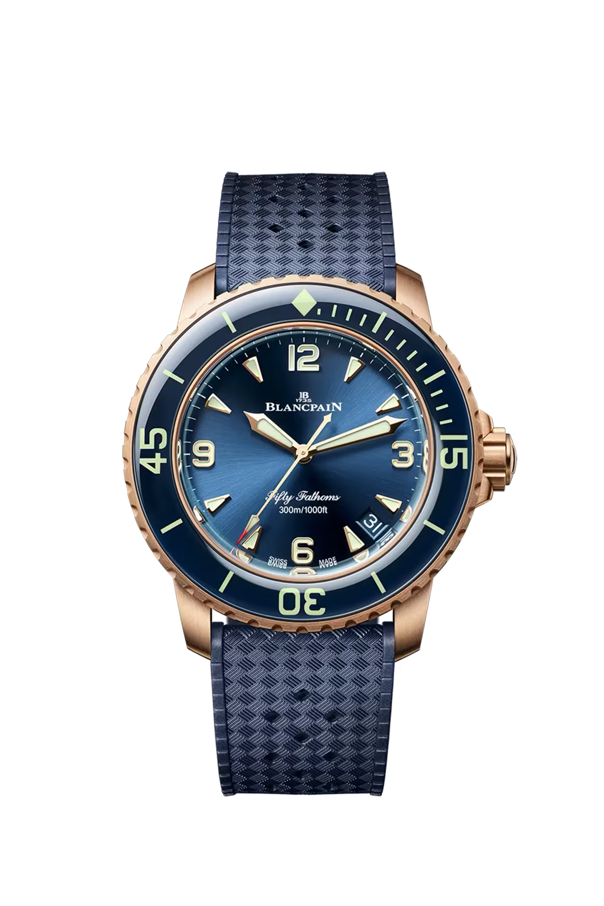 Часы Blancpain Fifty Fathoms Automatique 42,3 мм: корпус из красного золота и синий циферблат с солнечной отделкой. Референс 5010-36B40-O64B.