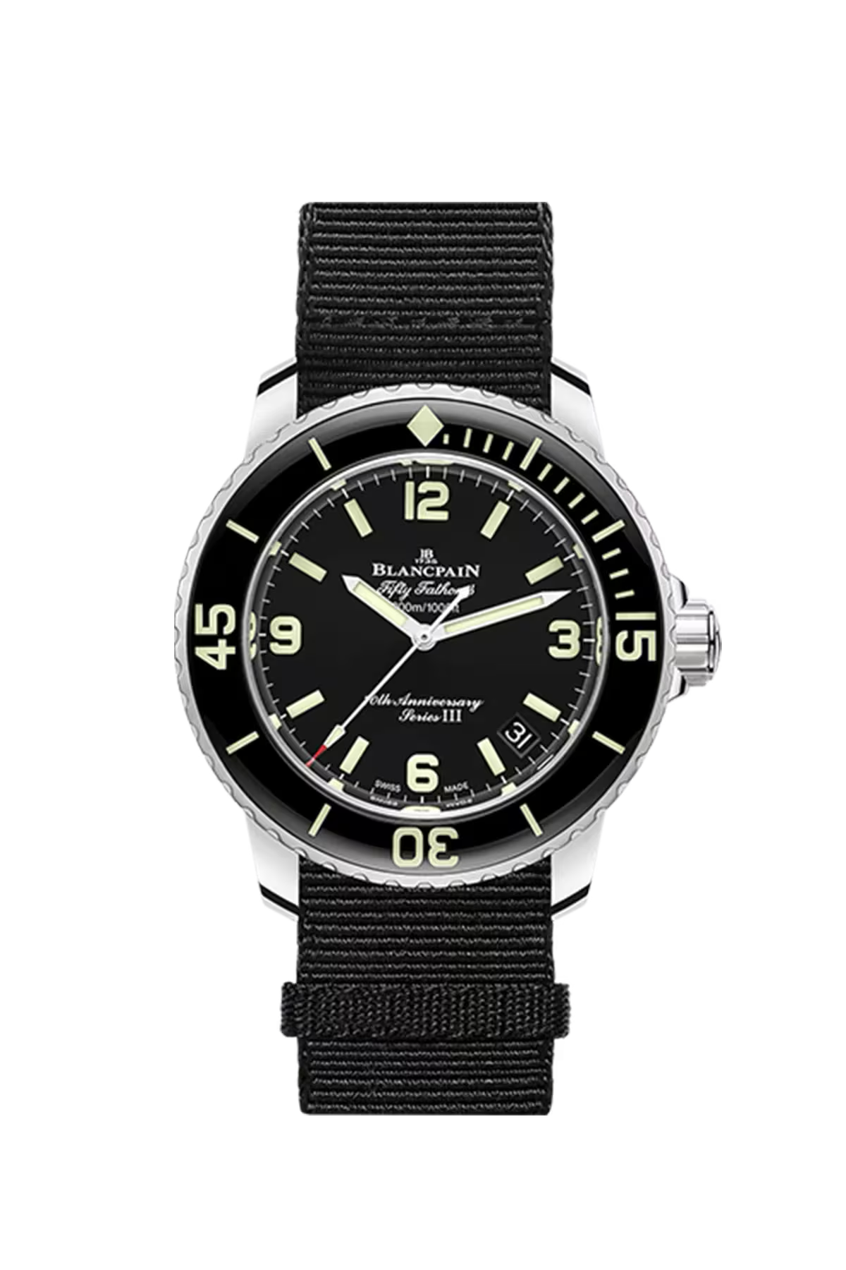 Часы Blancpain Fifty Fathoms 70th Act 1 III 42,3 мм: стальной корпус и черный циферблат с солнечной отделкой. Референс 5010C-1130-NABA.