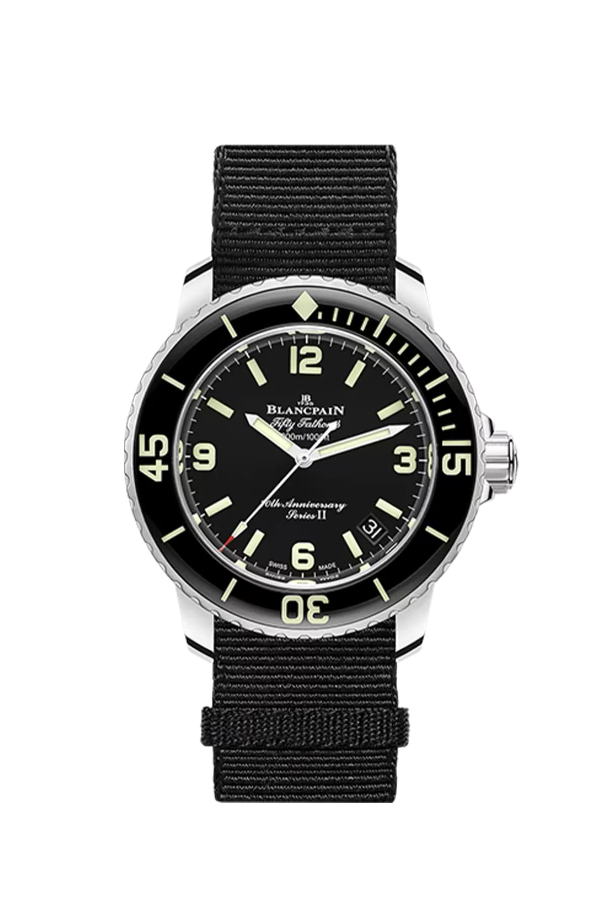 Часы Blancpain Fifty Fathoms 70th Act 1 II 42,3 мм: стальной корпус и черный циферблат с солнечной отделкой. Референс 5010B-1130-NABA.