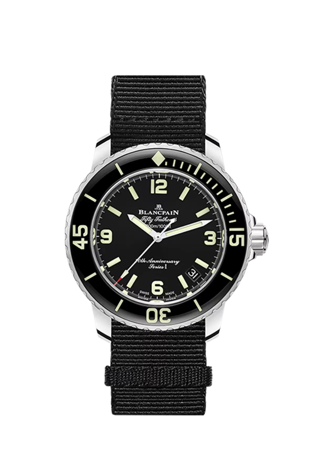 Часы Blancpain Fifty Fathoms 70th Act 1 I 42,3 мм: стальной корпус и черный циферблат с солнечной отделкой. Референс 5010A-1130-NABA.