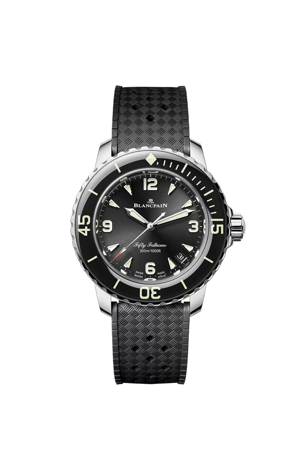 Часы Blancpain Fifty Fathoms Automatique 38,2 мм: стальной корпус и черный циферблат с солнечной отделкой. Референс 5007-1130-B64B.